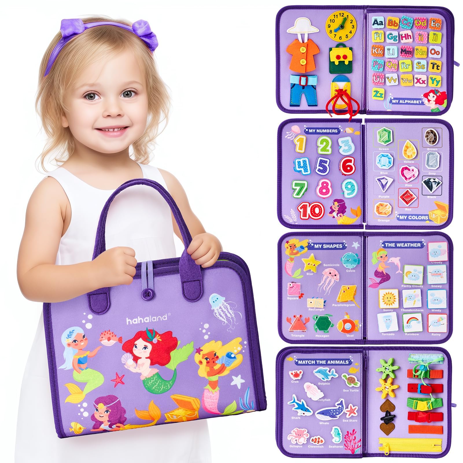 hahaland Activity Board Montessori Spielzeug ab 3 Jahre, 7 in 1 Busy Board,Motorikspielzeug Entwickeln Feinmotorik, Busy Book für Reise Autofahrt,Kinder Spielzeug Geschenk Mädchen (Meerjungfrau)