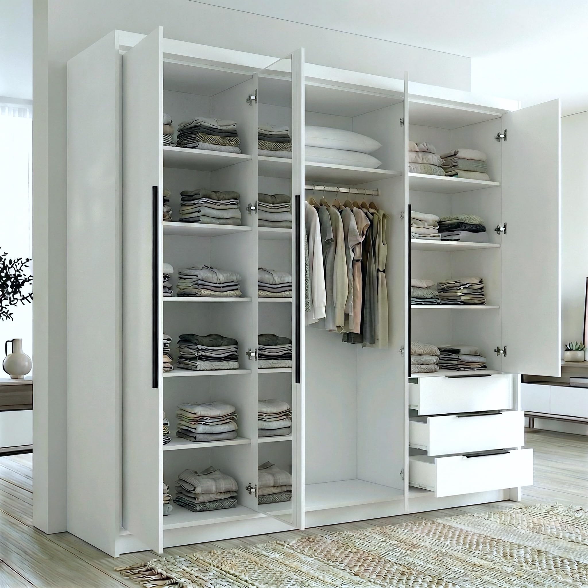 A&J MöbelLand VIVO Kleiderschrank 4-türig mit Spiegel und Schubladen – 200 x 215 cm – Drehtürenschrank mit Kleiderstange und Einlegeböden