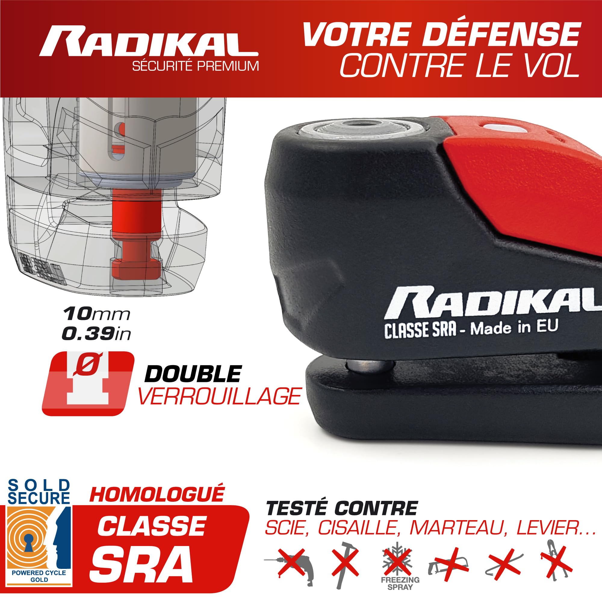 RADIKAL RK10 Antivol Moto Homologué SRA Bloque Disque | Alarme Premium 120dB, on/Off Activation, LED Alerte, Warning Pre-Alarm | Double Verrouillage Acier Cémenté 10mm, Bloc Sécurité Moto Scooter
