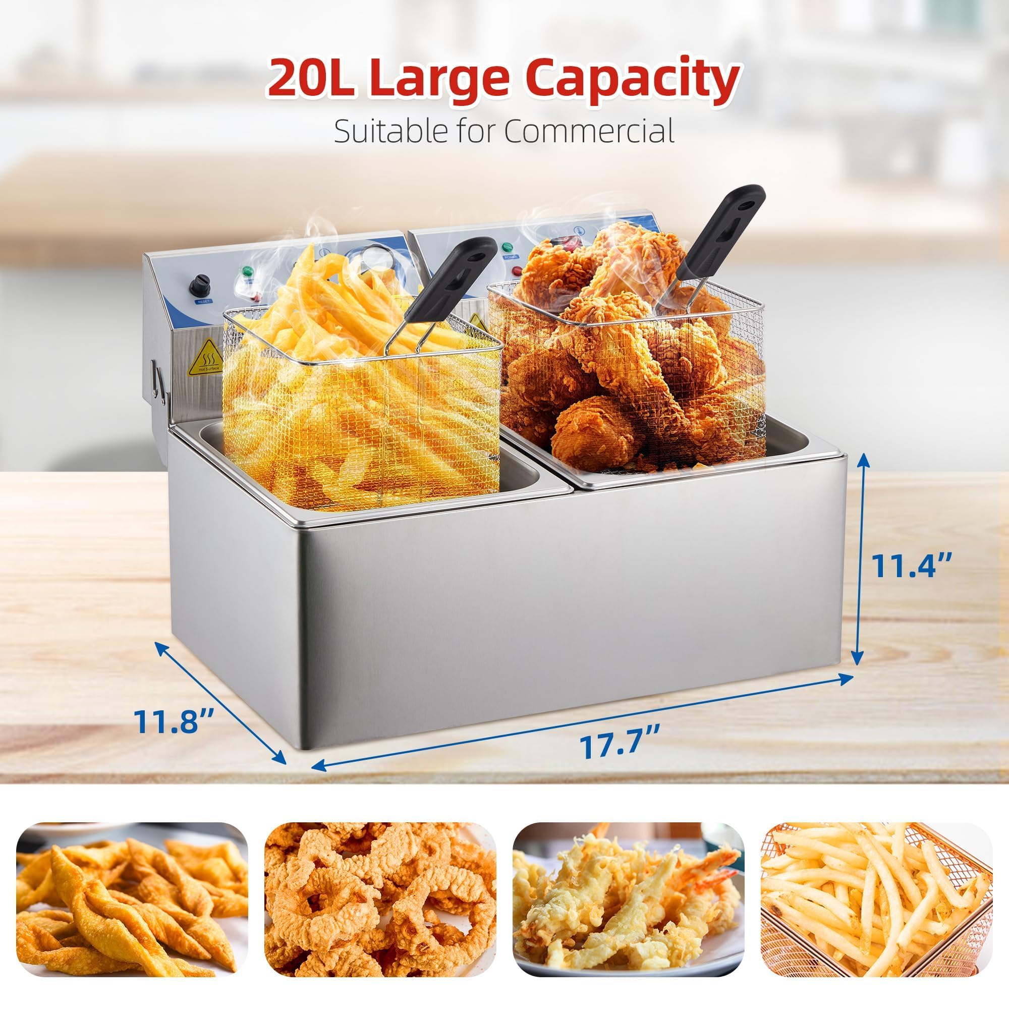 Freidora Profesional de 2 x 10 L - Freidora eléctrica de Doble Tanque para Pavos, Apta para restaurantes, con termostato Ajustable y Tapa extraíble - Resistente para Uso