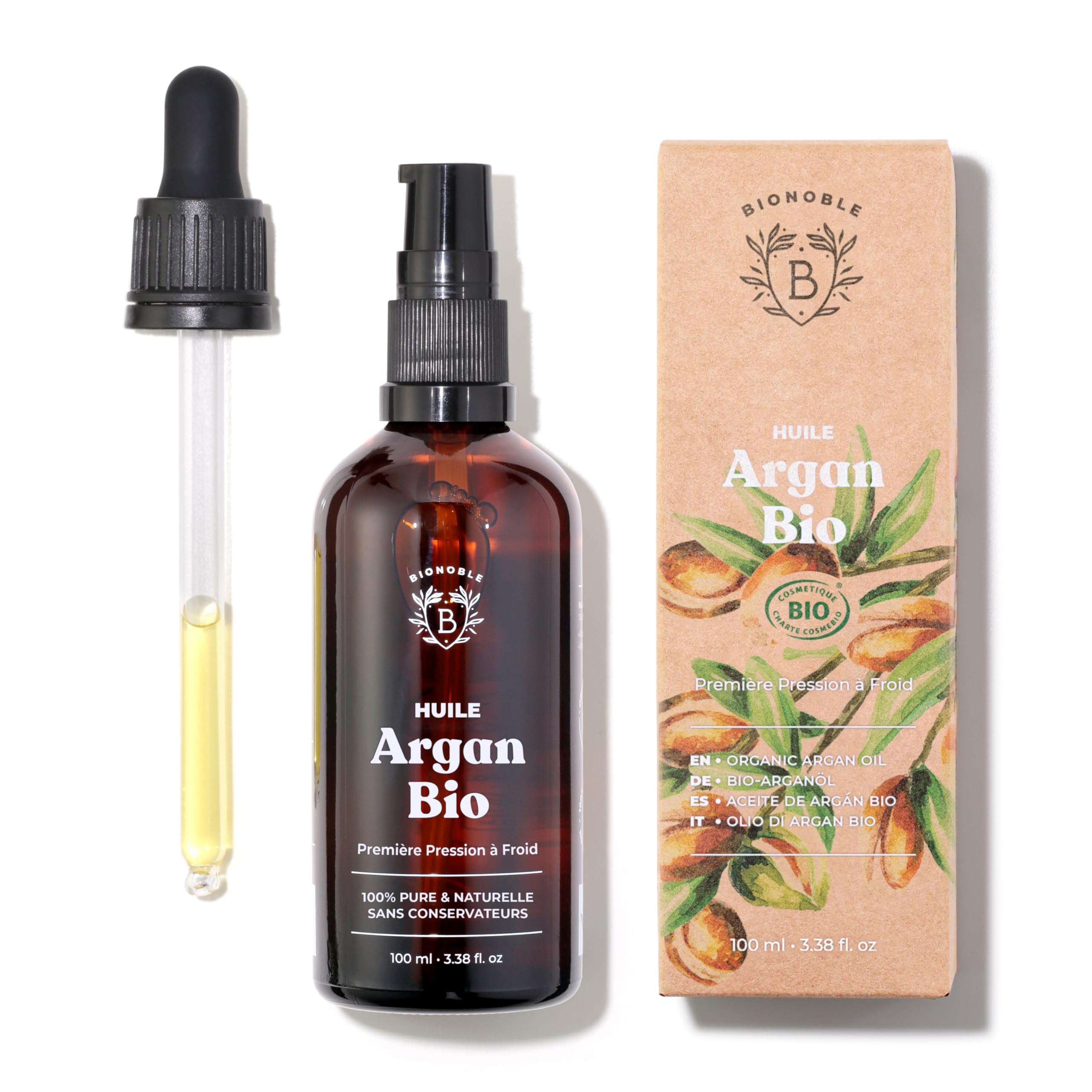 BIONOBLEOrganic Argan Oil 100ml - 100% Pure, Natural and Cold Pressed - for Hair, Face, Body, Beard, Nails - Vegan and Cruelty Free - Glass Bottle + Pipette + Pump