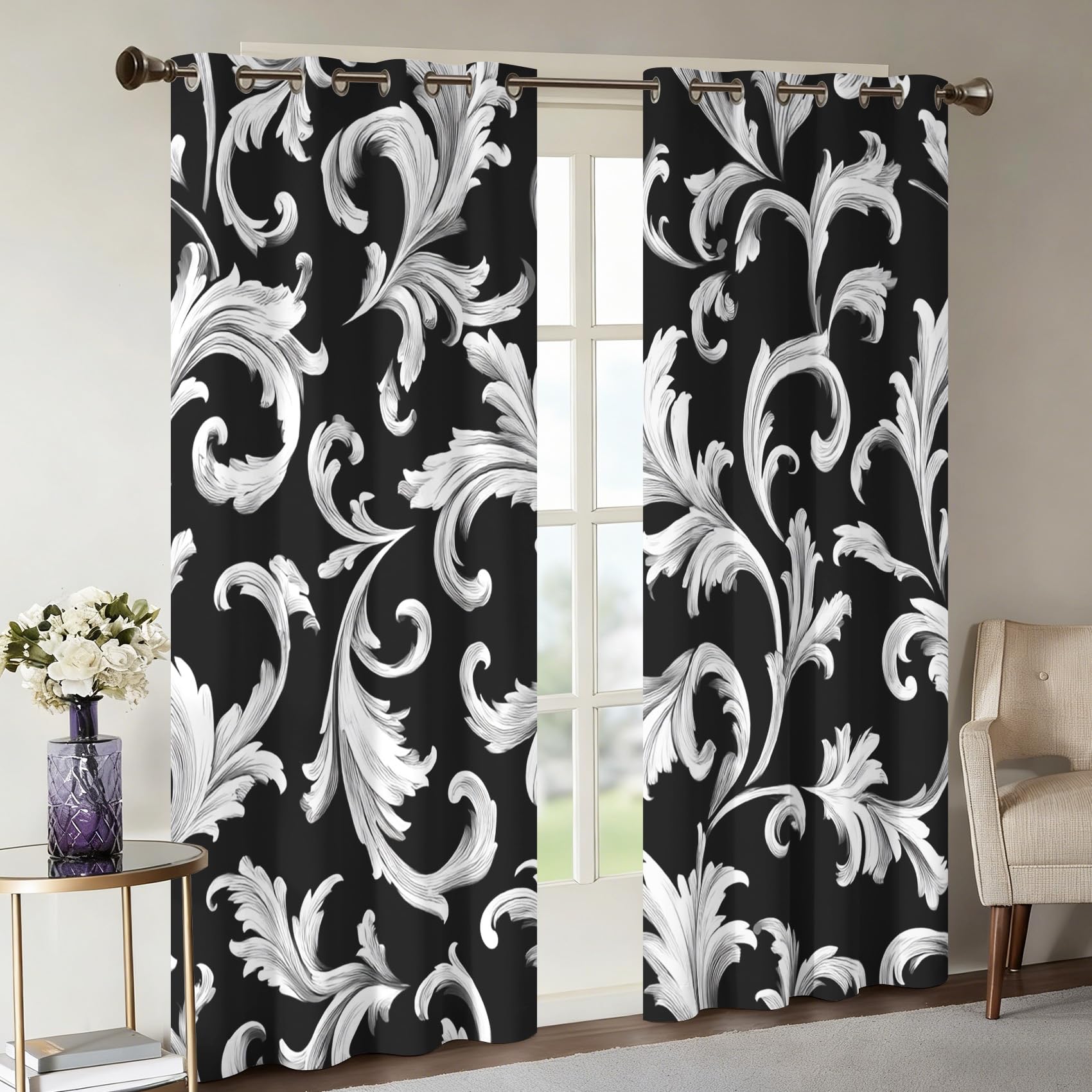 Generisch Damast Vorhänge Wohnzimmer, Verdunklungsvorhänge Schwarz Weiß Barock mit Ösen, Vorhang Blickdicht mit Muster, Gardinen für Wohnzimmer Deko 2er Set, H 166 X B 75 cm B-D154