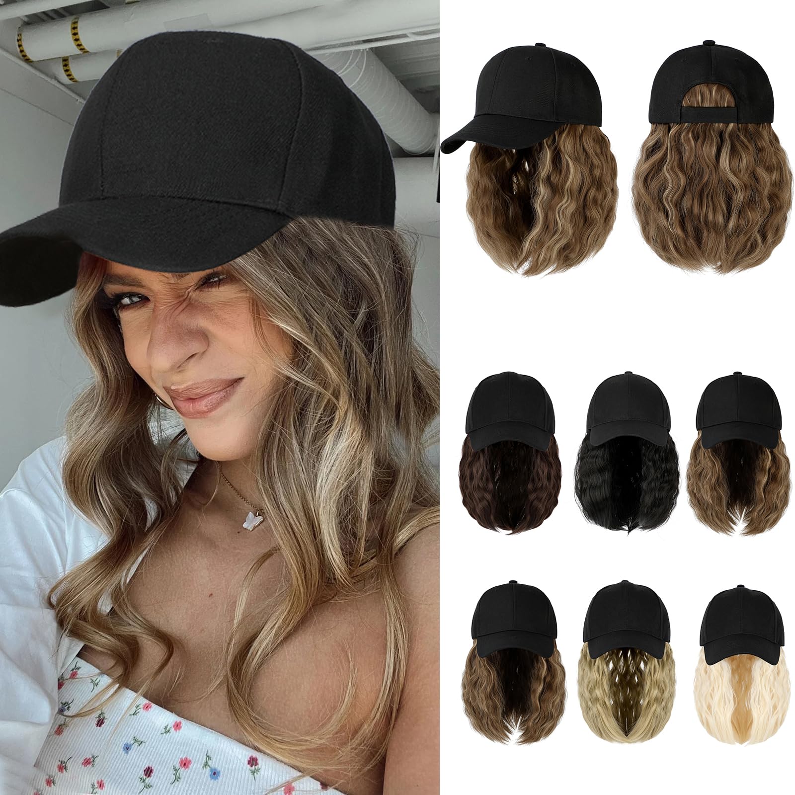 Lansigreen Hat Wig for Women Baseball Cap with Hair Extensions Adjustable Hat Attached 15" Short Curly Hairpieces Synthetic Wig Light Brown Mix Ash