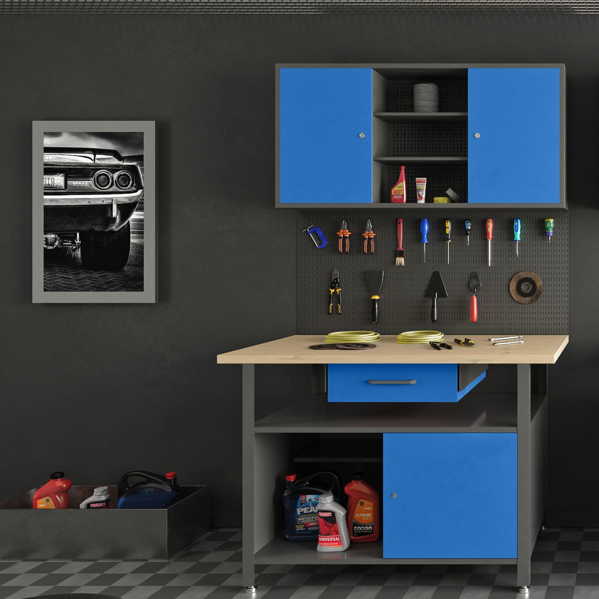 Jan Nowak Armoire Murale à Outils Métal 2 Étagères 120 x 60 x 20 cm Noir | Armoire d’atelier suspendue, 2 étagères réglables, 2 compartiments et rangement mural robuste en métal noir.
