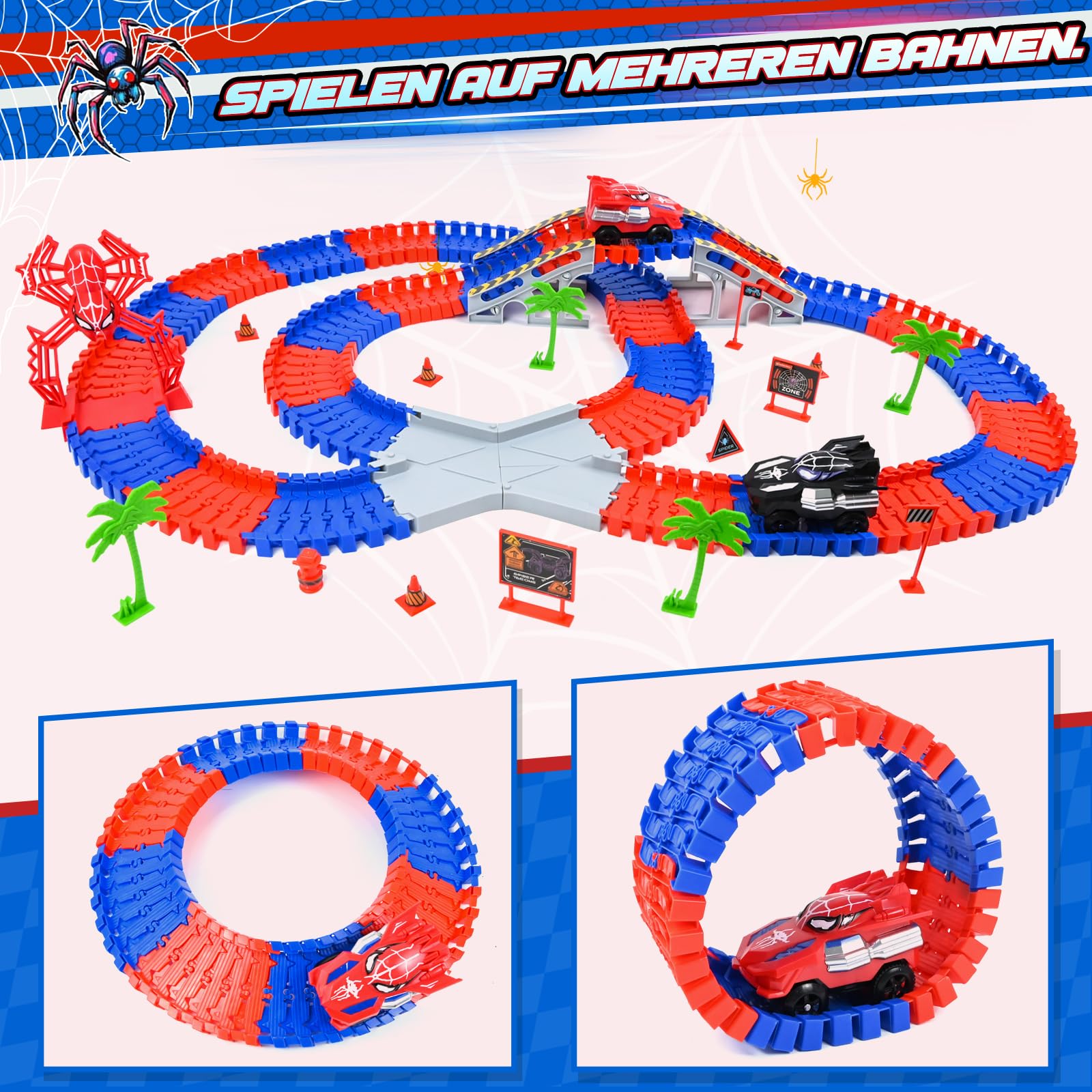 PATEMZON Autorennbahn Spielzeug, Spide Triebwagen, Autobahn Spielzeug mit 2 Autos, 208 PCS Flexibel 360° Looping Autorennbahn Rennbahn, Geschenk für Kinder 3 4 5 6 7 Jahre alt Rennspielzeug