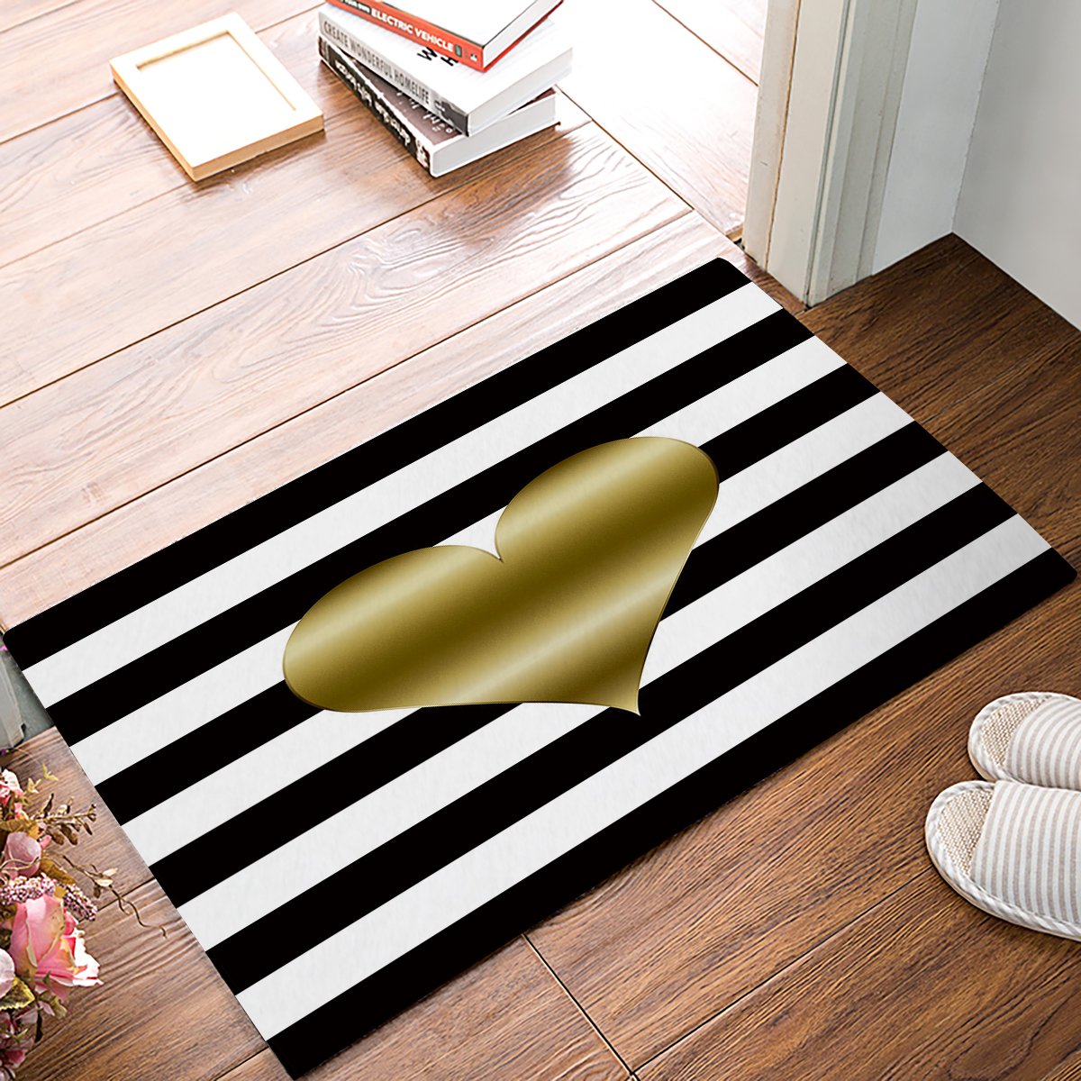 EZON-CH Non Slip Gold Heart Black And White Stripe Home Bathroom Bath Shower Bedroom Mat Toilet Floor Door Mat Rug Carpet Pad Doormat, 20x31.5