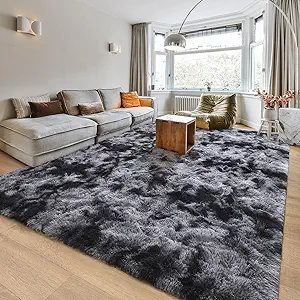 HOMORE 8'x10' Area Rugs for Living Room, Soft Fluffy Rug for Bedroom, Non Slip Shaggy Plush Carpet for Kids Nursery Toddler, Tie Dye Rugs for Room Floor Decor, Dark Gray/Black