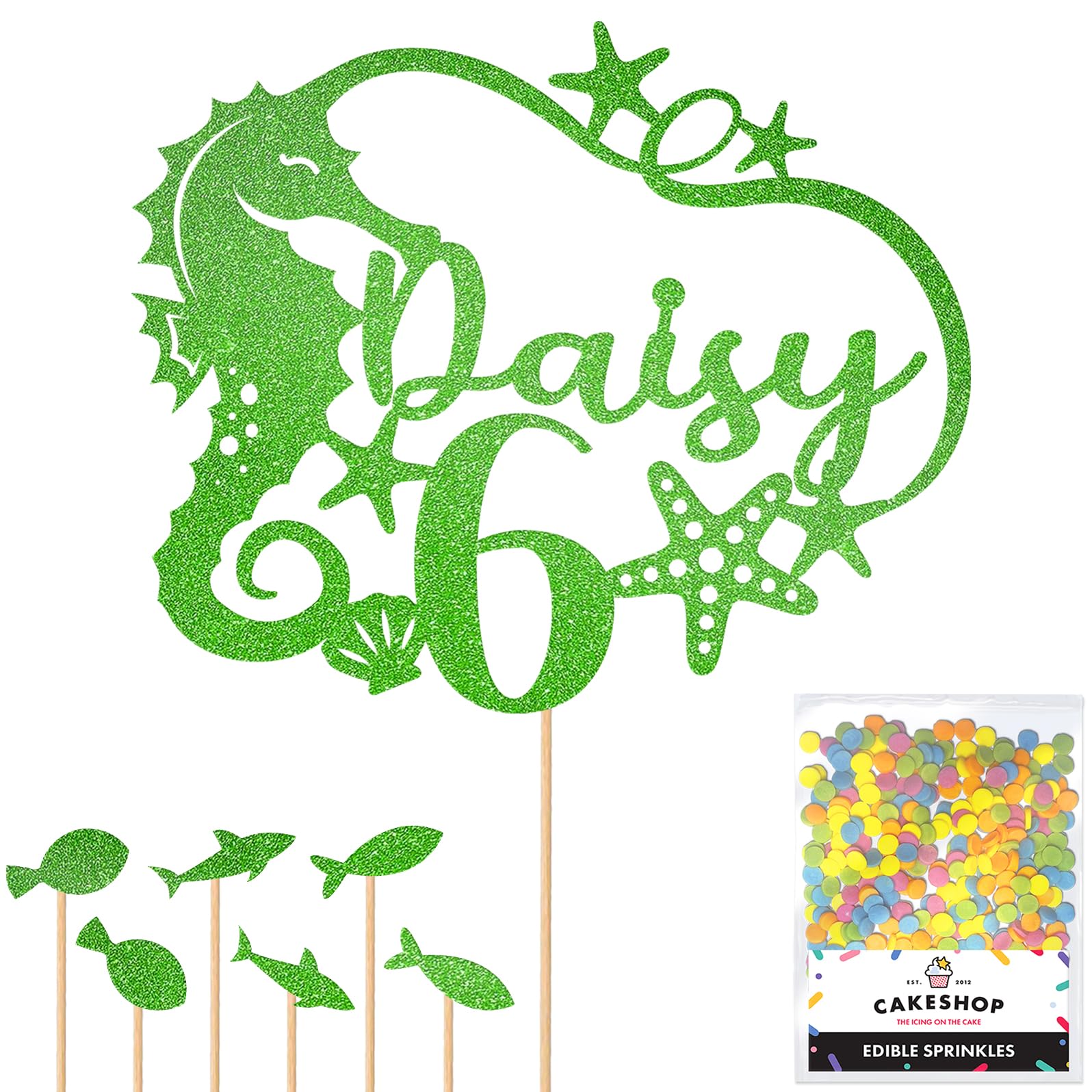 Personalised Birthday Seahorse Glitter Cake Topper- Green Any Custom Age & Name Glitter Cake Decoration and Sprinkles - Happy Birthday Decorations - Personalised Toppers for Cakes by Cakeshop — image 1
