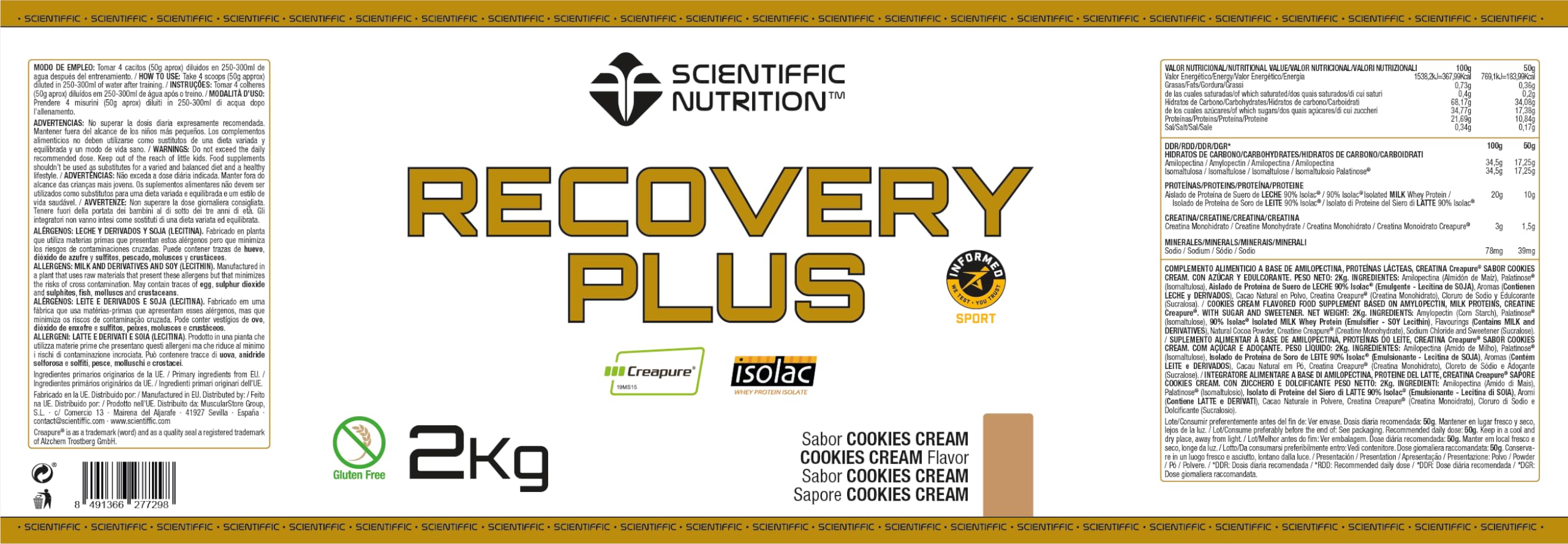 Scientiffic Nutrition - Recovery Plus, Bebida Post Entreno, Recuperador Muscular con Carbohidratos, Proteina, Creatinna y Electrolitos, en Polvo, Sin Gluten - 2Kg