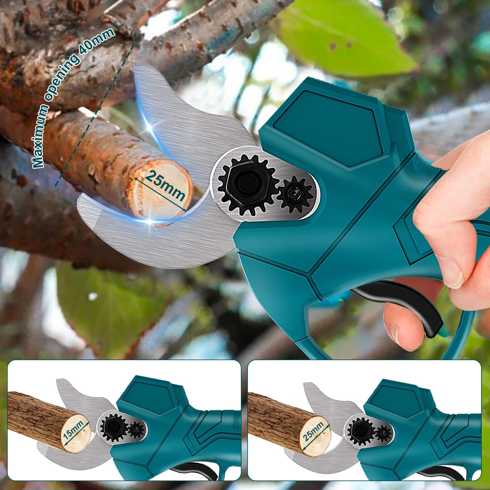 Cesoie da giardino elettrico a batteria, senza spazzole, compatibile con batteria Makita da 18 V, diametro di taglio 25 mm, forbici per albero con pietra abrasiva, guanti protettivi e scatola (senza