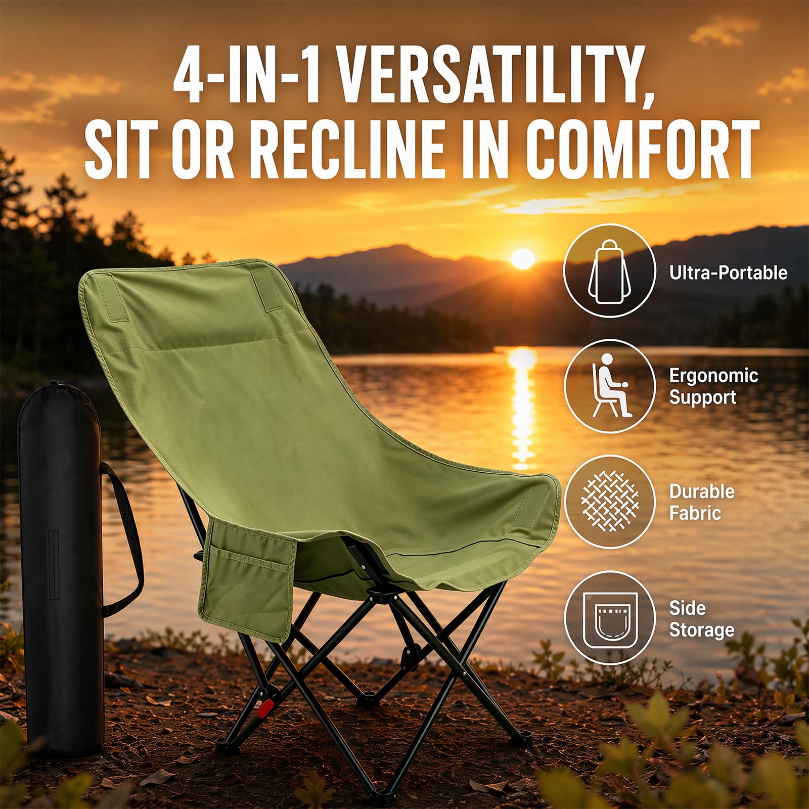 Sedia da campeggio pieghevole con schienale alto, leggera e confortevole, con 2 tasche laterali, ingombro ridotto, ultraleggera, portata di 130 kg, per esterni, spiaggia, escursionismo, verde