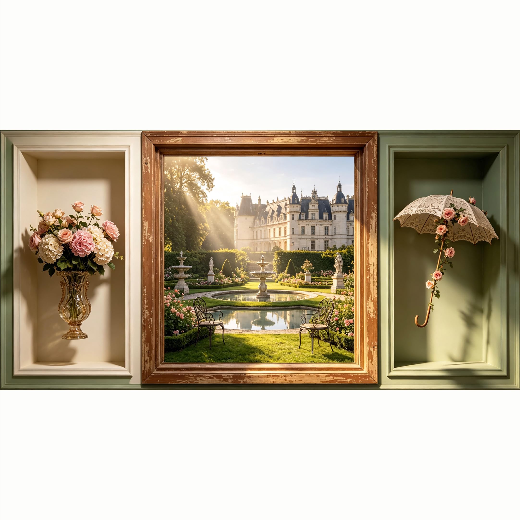QZLITHOTIC 50x100cm 3D Framed Wall Art， Neoclassical European Castle Garden Fountain Self‑Adhesive Mural， Water‑Activated Peel & Stick Fabric Decor Wall Decal for Bedroom Living Room
