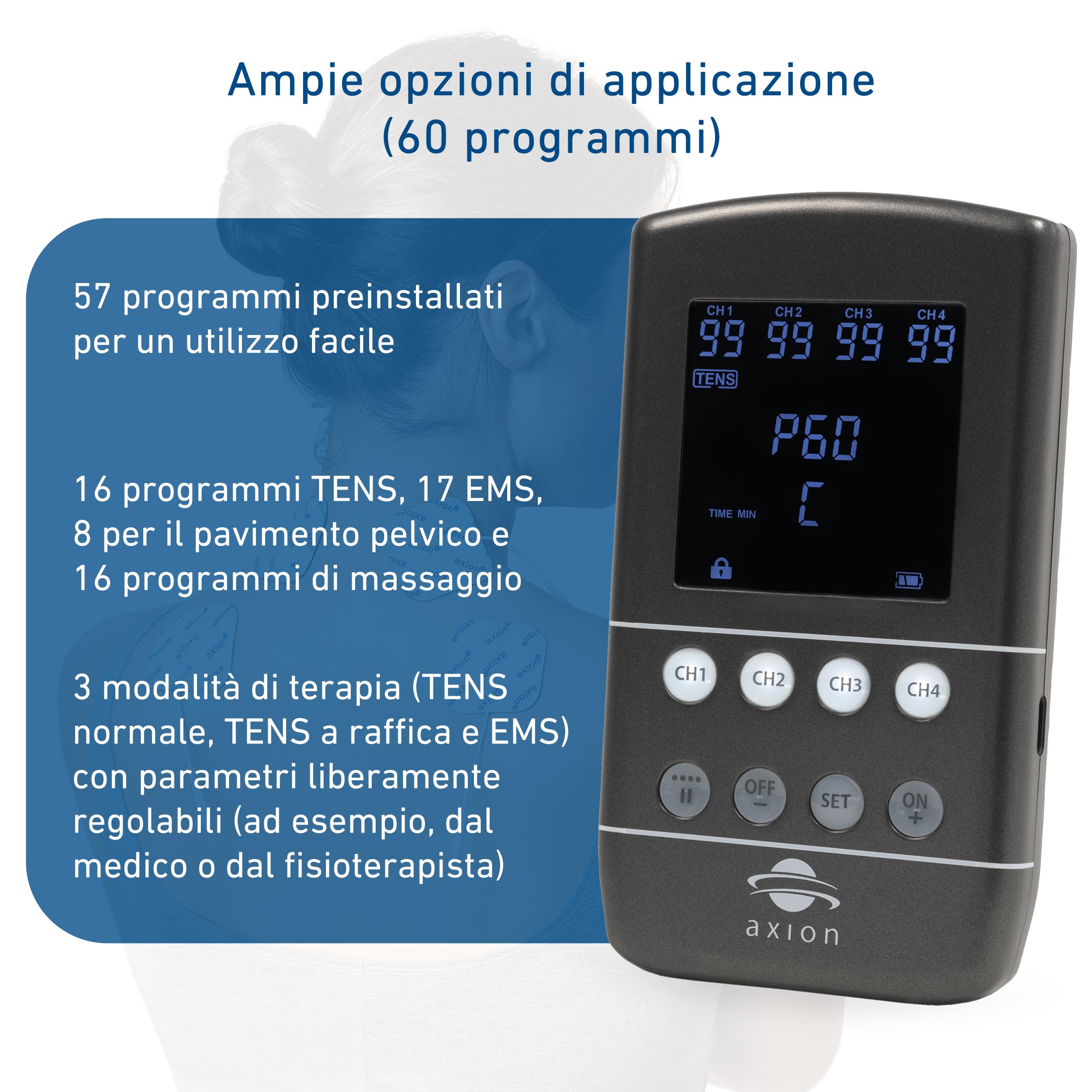 TENS EMS Dispositivo combinato STIM-PRO X9B - 4 canali nel set con 8 pezzi da 5x5cm, 4 pezzi da 10x5cm, elettrodi speciali e spray per contatti - Terapia del dolore, tonificazione muscolare e
