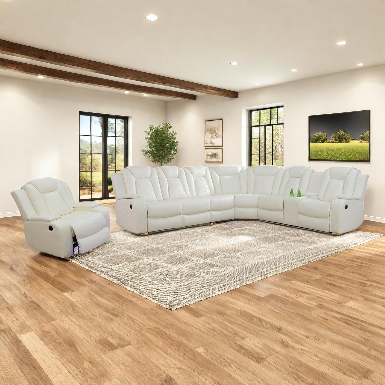 Power Recliner Sofa Sectional Sofa with LED Light for Living Room, Air Leather Reclining Corner Sectional Sofa Set, Cup Holder, Storage Console for Home Theater Seating (Sectional+Chair)