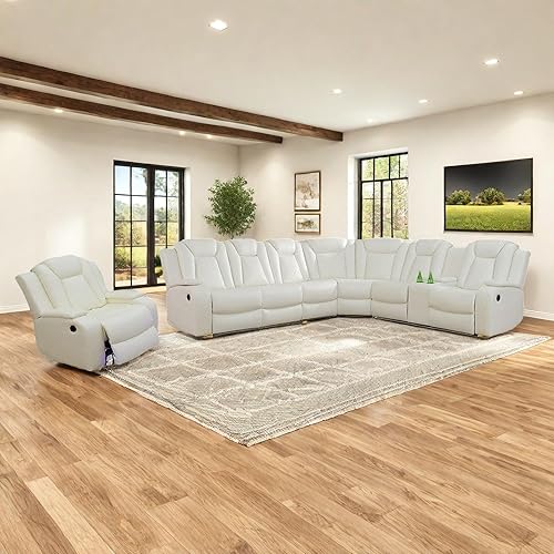 Sofá reclinable eléctrico con luz LED para sala de estar, juego de sofá seccional reclinable de cuero de aire, soporte para tazas, consola de