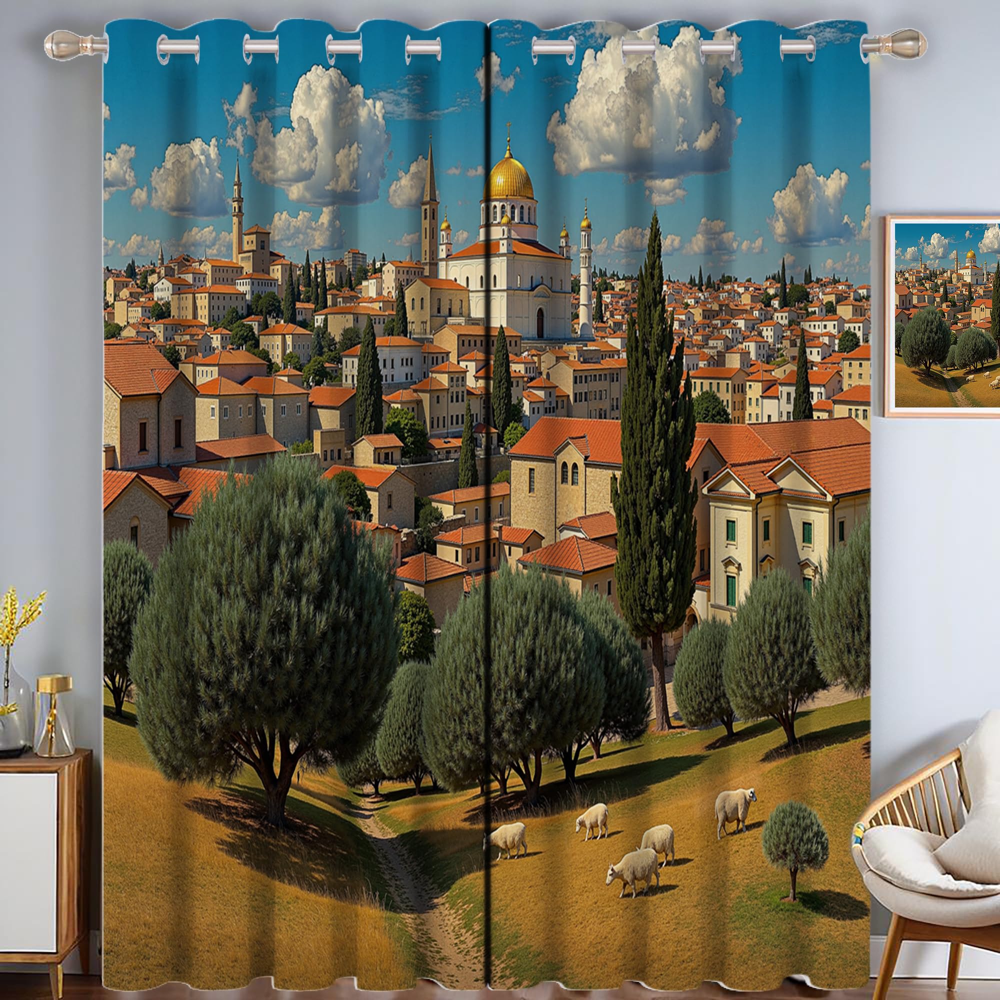 Rideau occultant à oeillets paysage campagne européenne pour chambre jaune 140x160cm