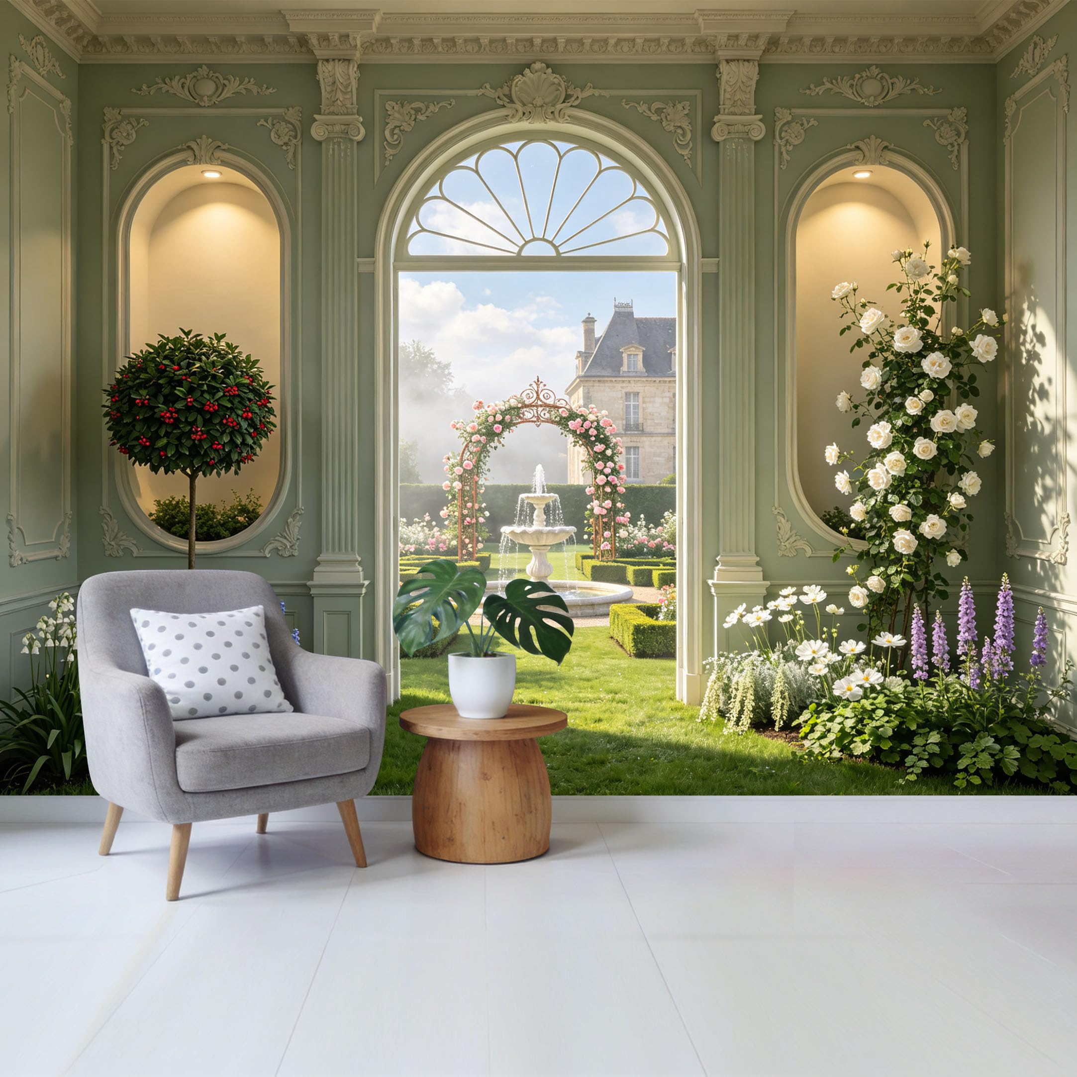 Custom Size Wall Mural French Garden Fountain View Neoclassical Archway Floral Landscape Removable Self Adhesive Fabric Home Wall Decor for Living Room Bedroom Bathroom