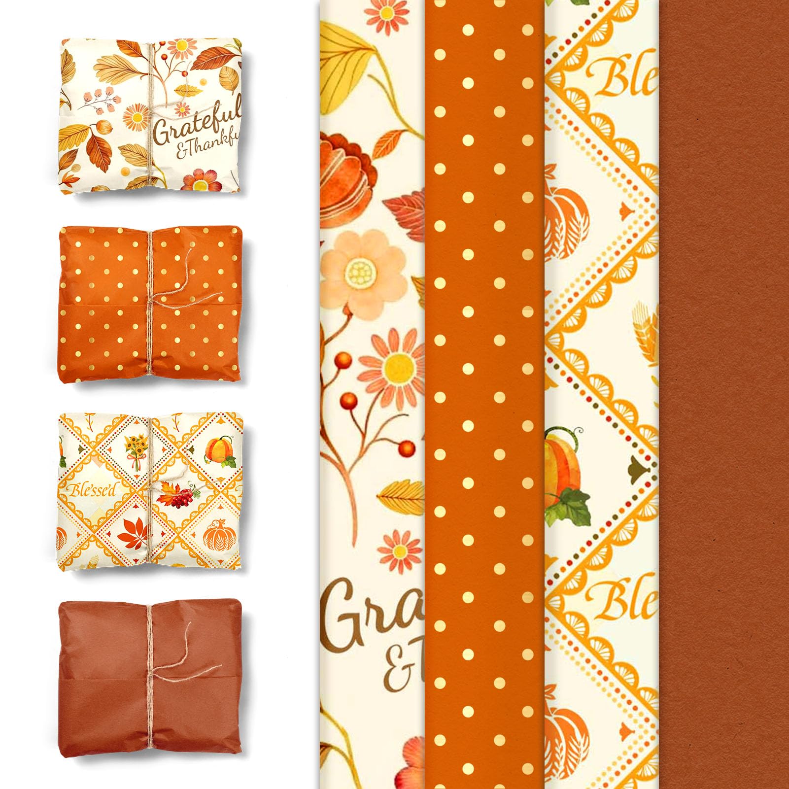 Aobkiat Fall Thanksgiving Tissue Paper for Gift Bags,24 Sheets Pumpkin Maple Leaf Design Paper,Orange Wrapping Craft Paper for DIY, Autumn Harvest Present Packaging,15 x 20 Inch