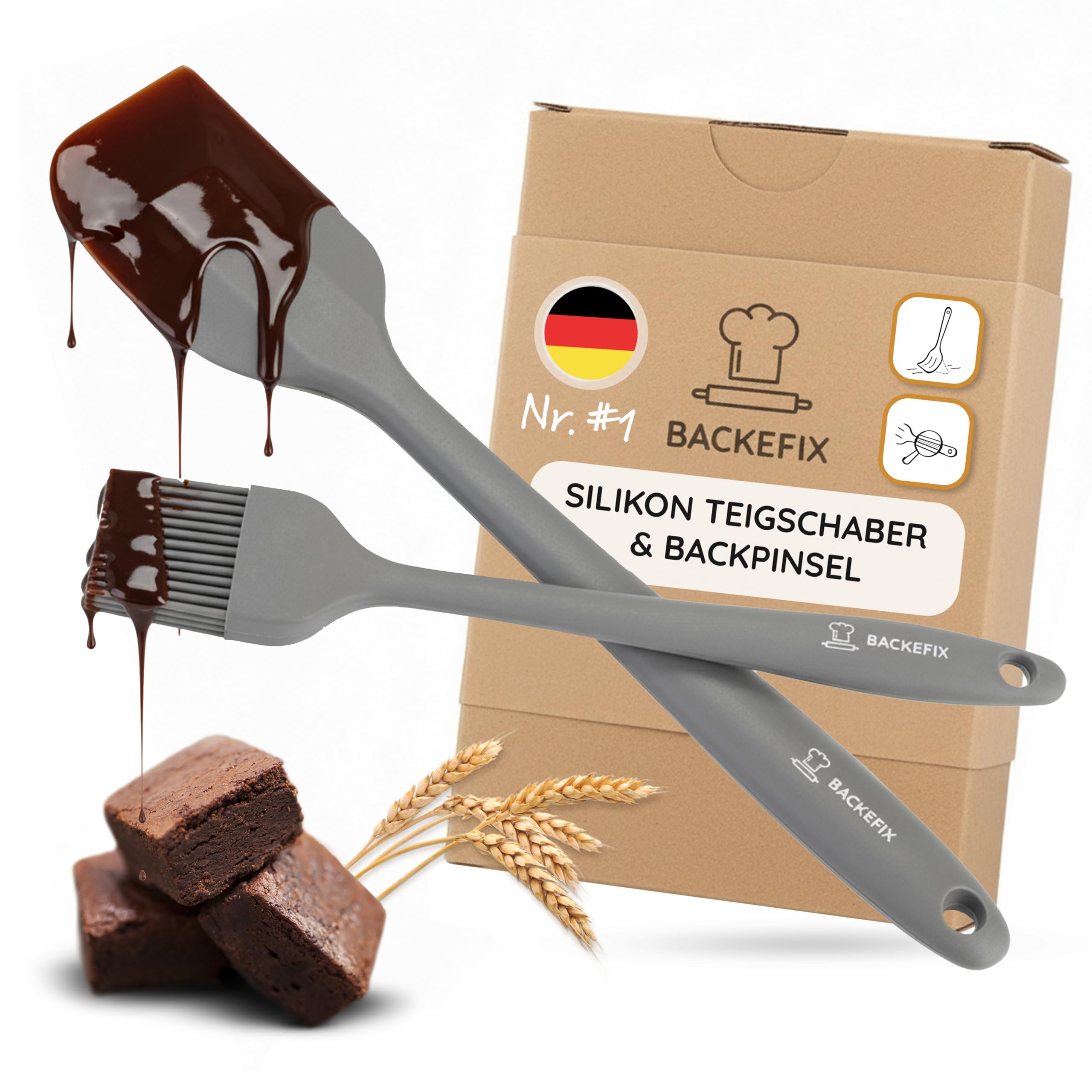 Backefix Silikon Teigschaber 28cm & 22cm Backpinsel Silikon Backutensilien Set | Teigspachtel & Küchenpinsel mit Edelstahlkern zum Kochen, Backen & Grillen | wertig, BPA-frei, lebensmittelecht, grau
