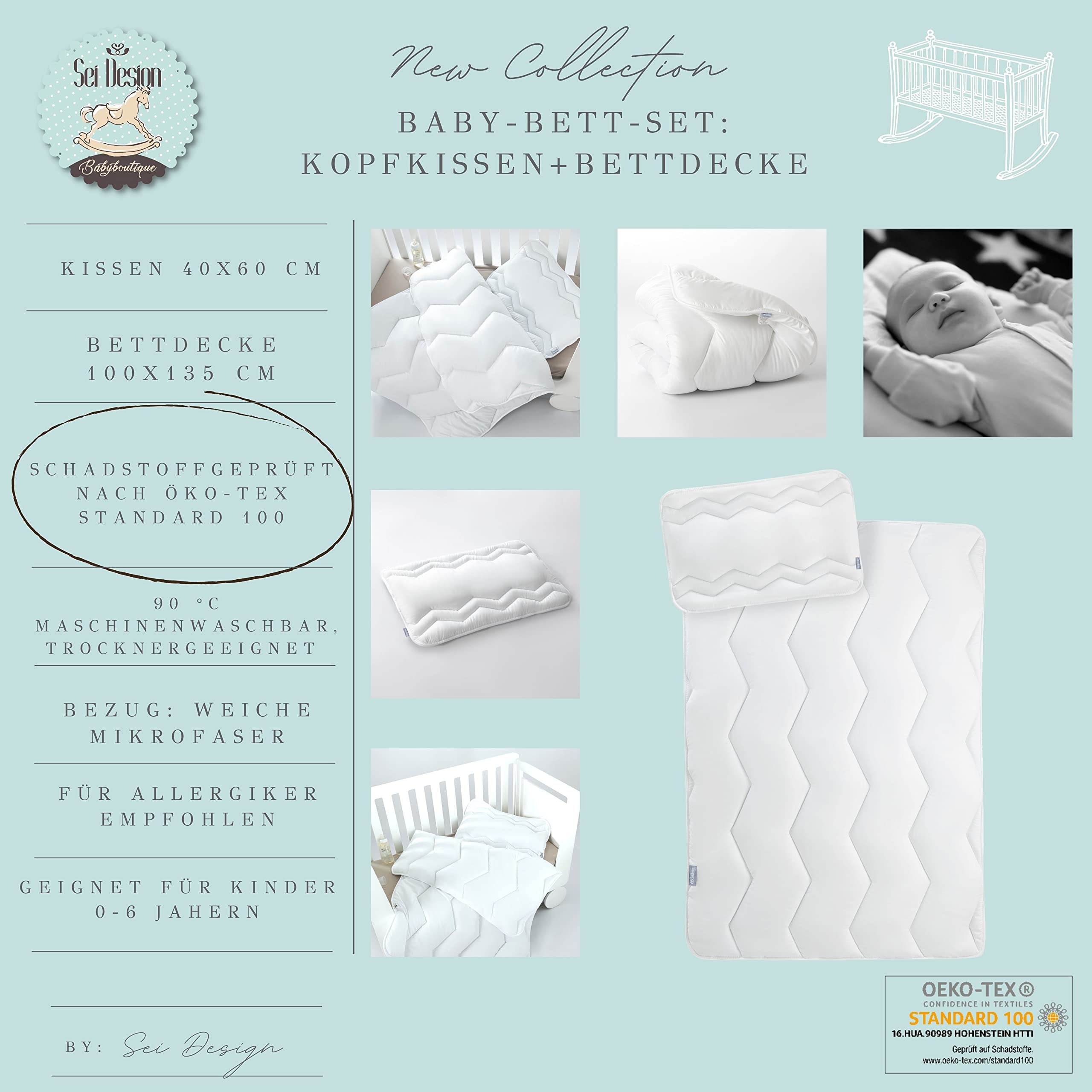 Sei Design Set Letto per bambini (cuscino bambino 40 X 60 + coperta bambino100 X 135). Privo di sostanze nocive secondo OEKO-TEX Standard 100 e per chi soffre di allergie