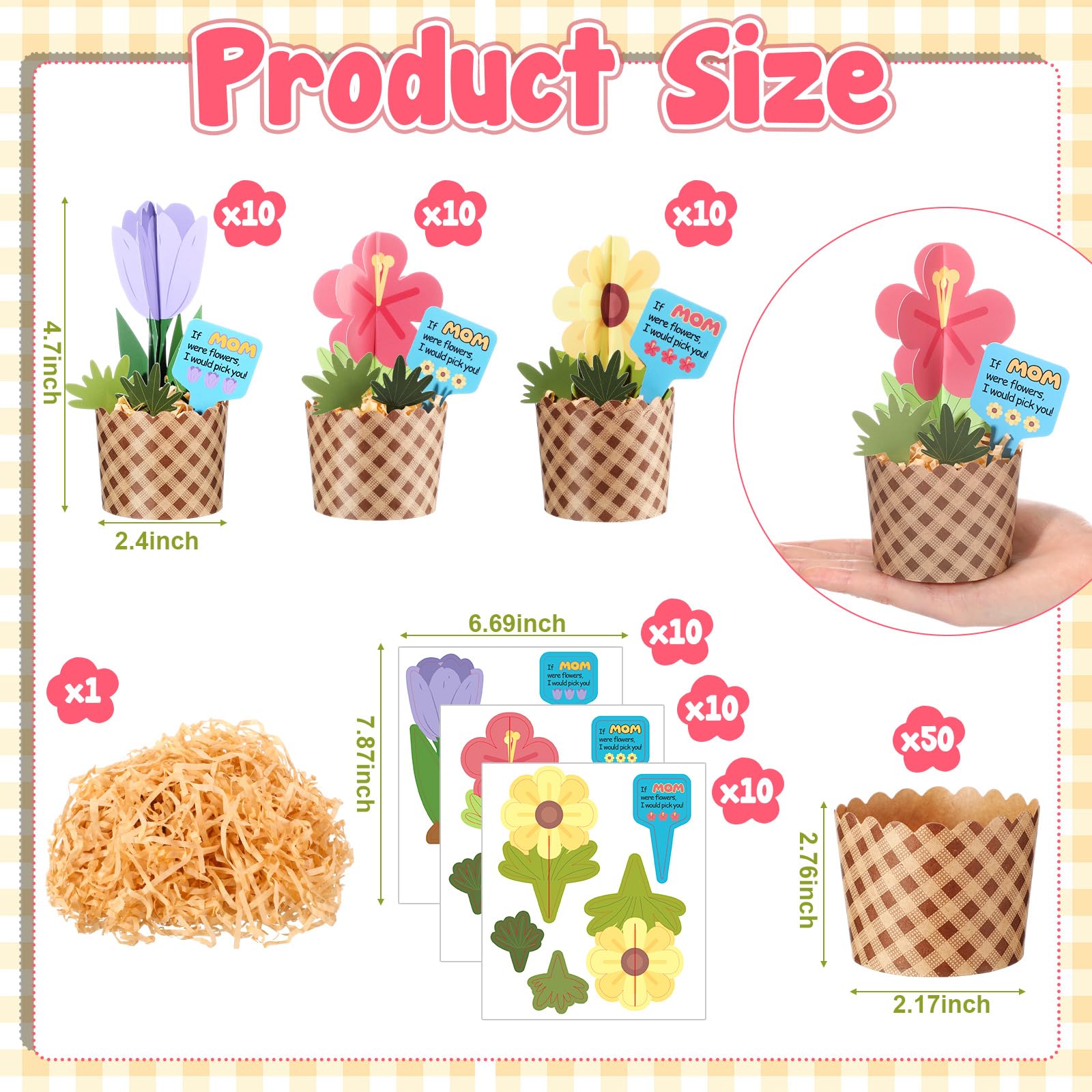 Motipuns 30 set per la festa della mamma, kit di artigianato con fiori, bouquet di fiori sfusi, con bicchieri di carta a quadri kraft, per festa della mamma, scuola, attività divertenti, fai da te