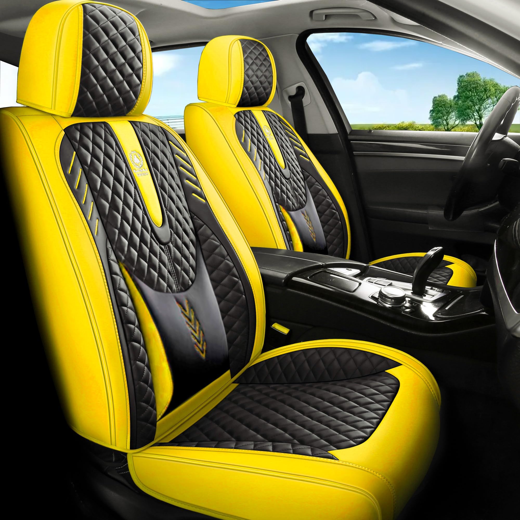 INZU Car Seat Cover 5-Seats Full Set Universal fit, Suitable for Most Cars, SUV, Airbags Compatible with Synthetic Leather Car Seat Cushion Protectors. (Black & Yellow)