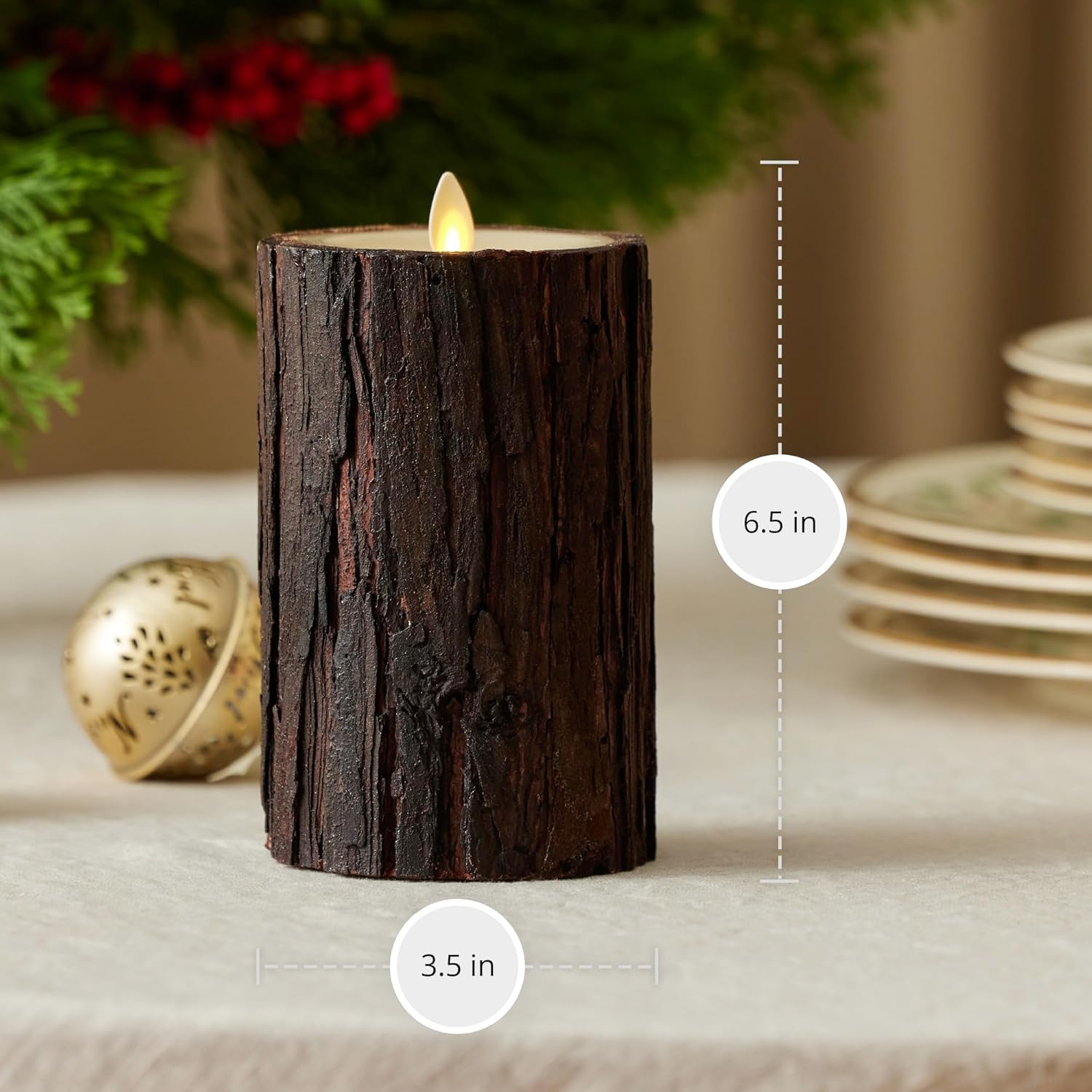 Luminara Real Bark Flameless LED Candle, Ivory 3.5" x 6.5", Moving Flame Battery Operated with Timer, Realistic Wax Pillar for Home Decor, Indoor Safe