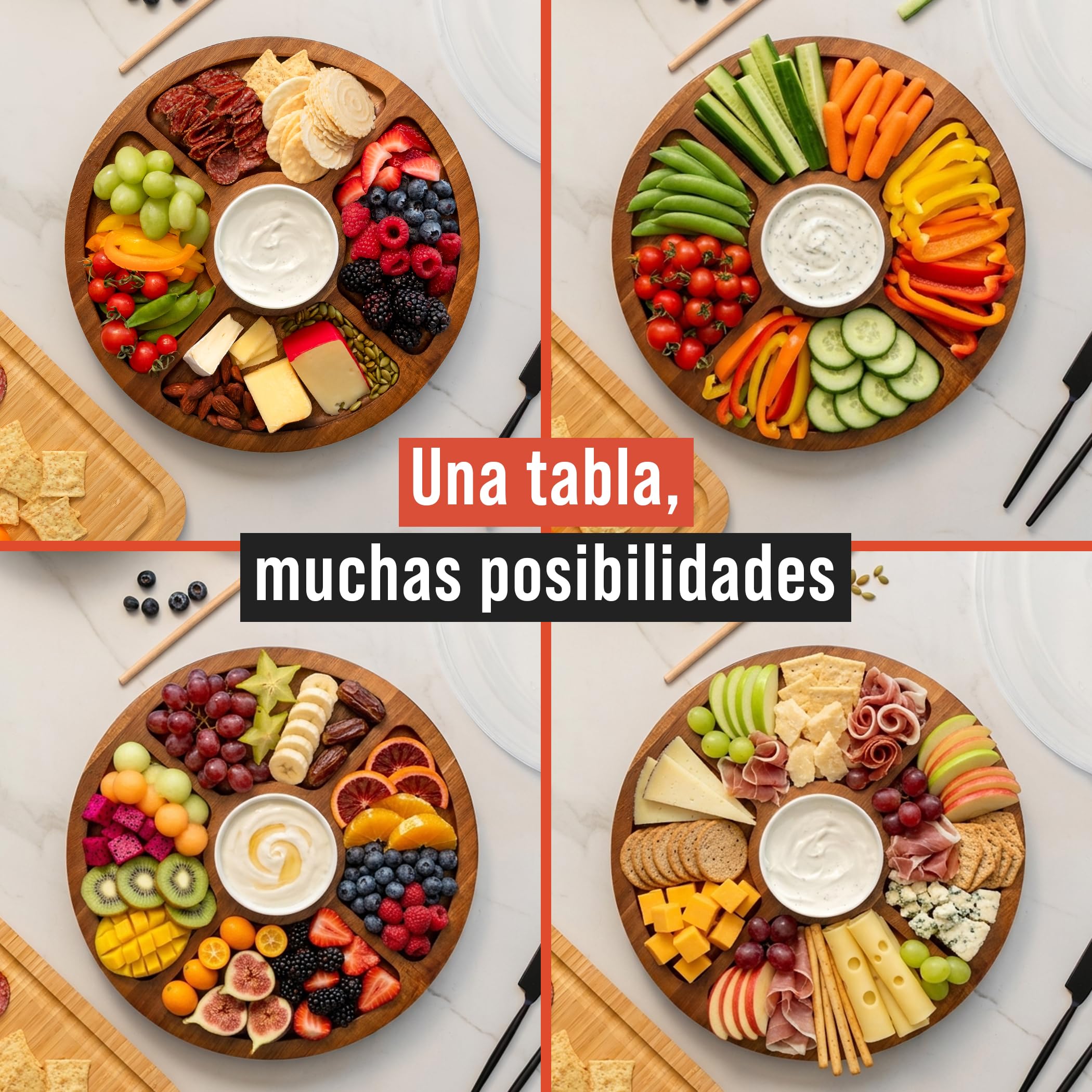 Chef Pomodoro Tabla de Quesos con Tapa (34 CM), Queseras para Guardar el Queso, Tabla para Quesos y Aperitivos, Tabla de Queso y Embutidos Madera, tabla de charcutería portátil, Redonda