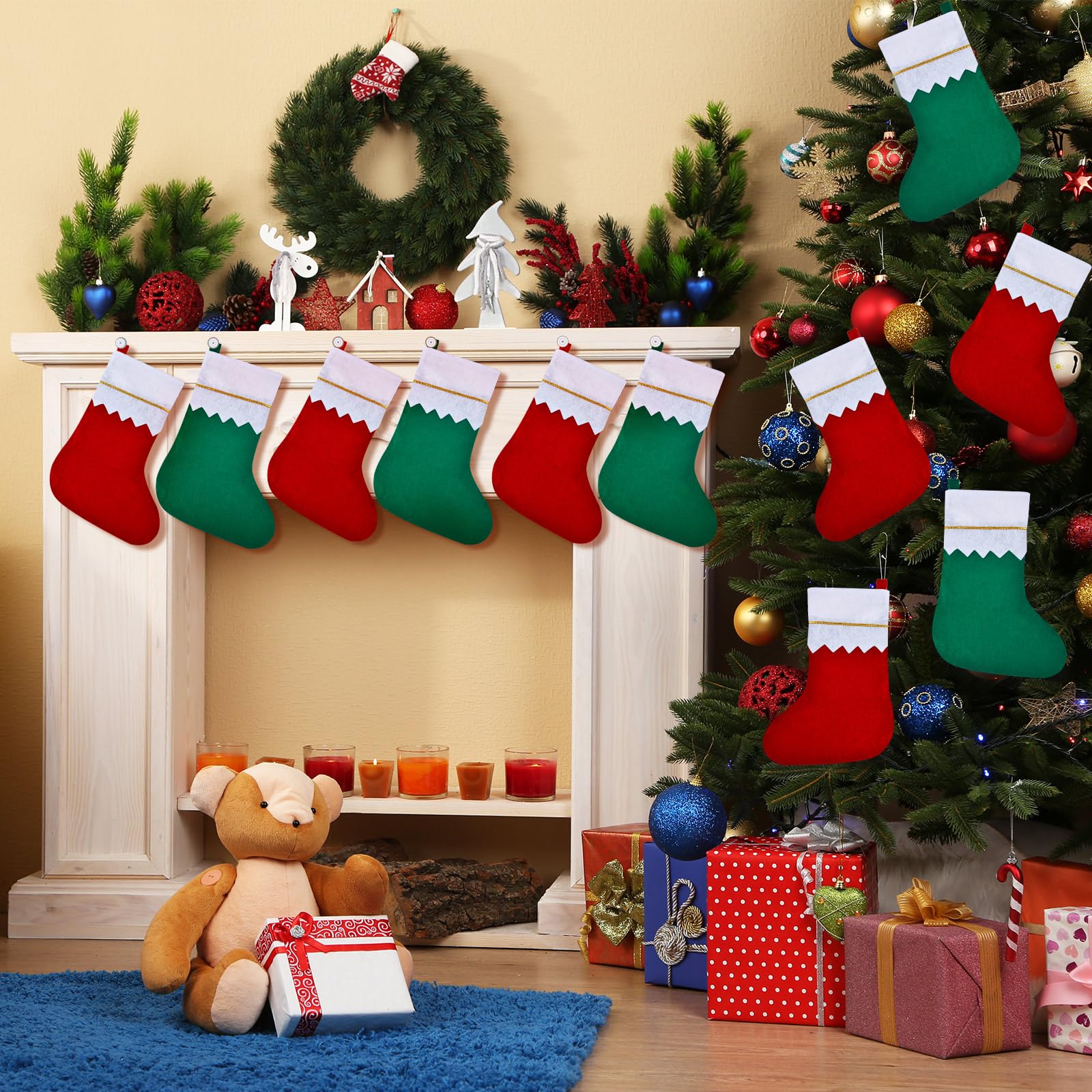 Skylety Lot de 24 chaussettes de Noël en feutre à suspendre pour sapin de Noël en famille, décorations de vacances à faire soi-même, grands sacs de Noël pour enfants (17,8 x 45,7 cm)