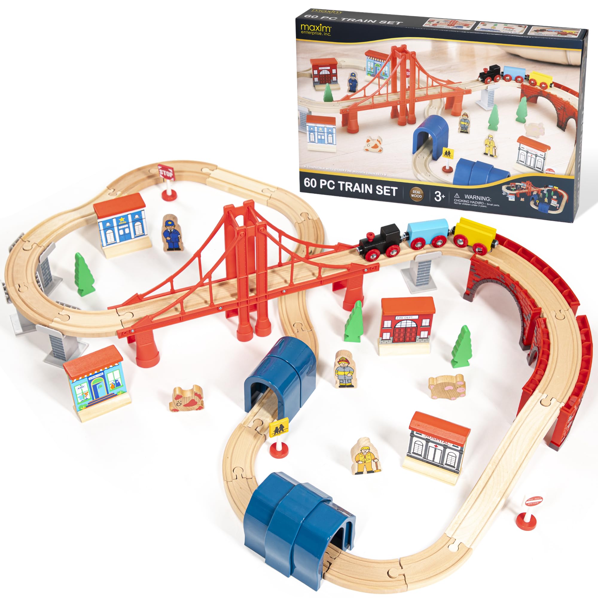 inc. Giant 60 pc Wooden Train Set - Complete Toy Railway w/Tracks, Engine, Cars, Bridges, Stations, People, Signs. Genuine Hardwood, Compatible with All Major Brand Accessories