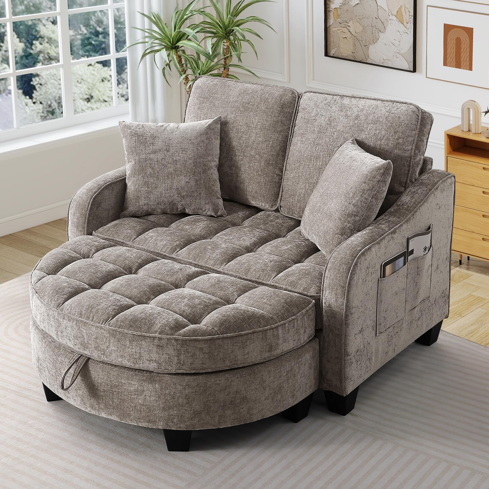 Oversized Chair and A Half, Chenille Tufting Accent Cozy Reading Sofa Chair with Storage Ottoman, Upholstered Loveseat C — product photo