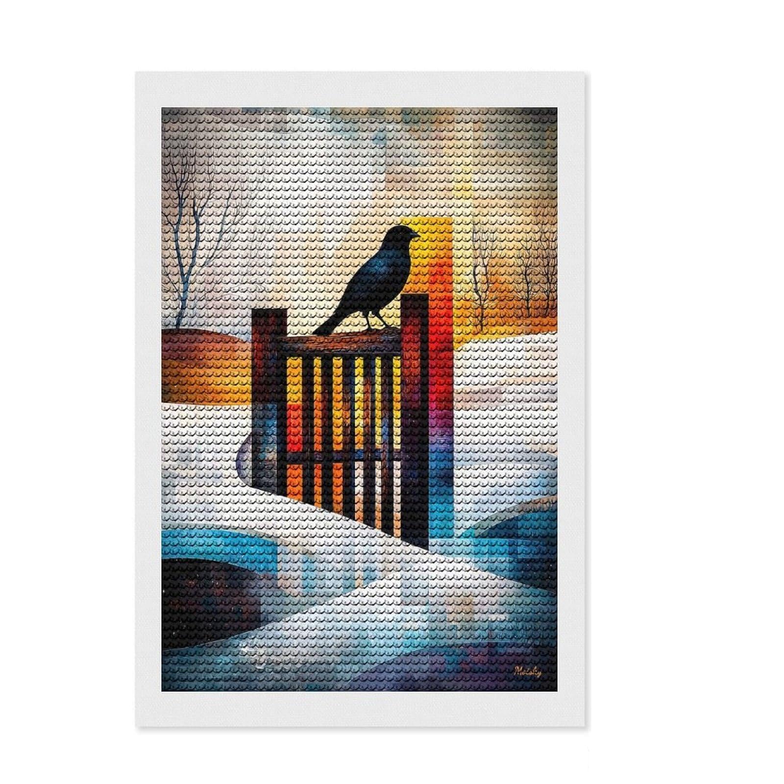 The Magpie - Monet Inspired - Geometric Winter Scene - Abstract Impressionist Landscape Round Drill Diamond Painting 8"x12", for Women, Complete Accessories, Festive Craft Gift, Vintage Style Decor
