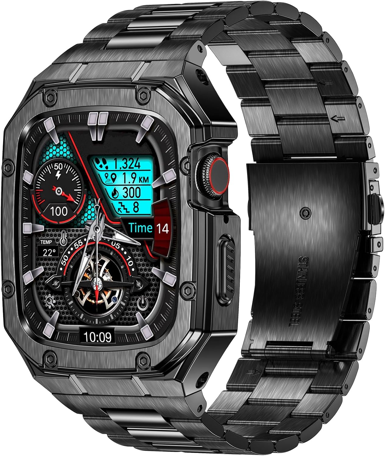 Stainless Steel Watch Band with Case Compatible with Apple Watch Series 10 46mm, Rugged Strap with Metal Protective Bumper Cover for iWatch Bands Men (Black)