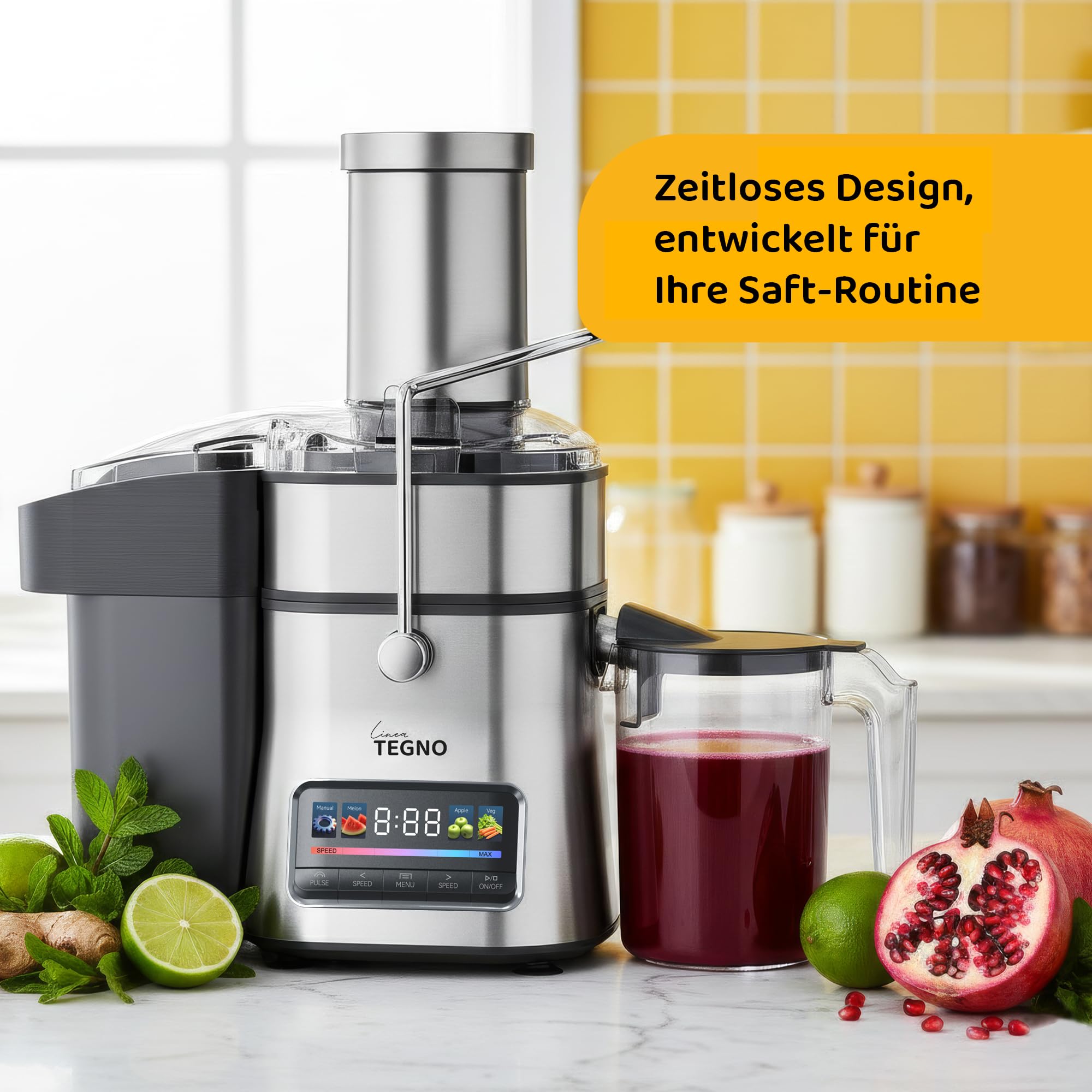 Super Juicer - Linea Tegno - Professioneller Edelstahl Entsafter - Entsafter für Obst und Gemüse - 1500W - Extra große Einfüllöffnung - 2,5L Fruchtfleischbehälter - 1L Saftbecher, LED-Farbdisplay