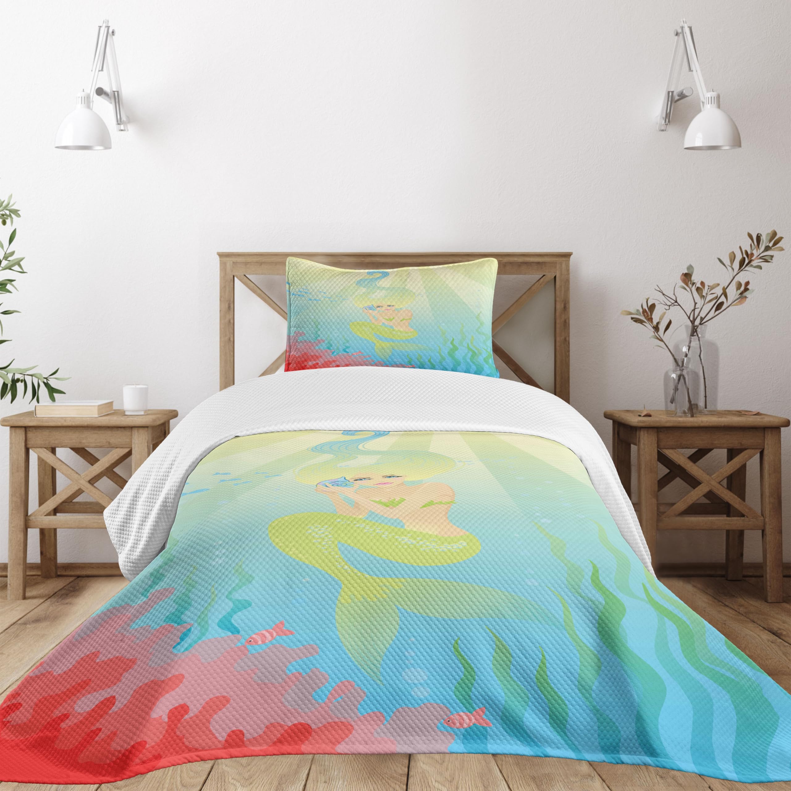 Ambesonne Mermaid Bedspread Set, Soft Pastel Color Unusual Mermaid Fish Girl Listening to Ocean Sound in a Shell, 3 Piece Decorative Bedding Coverlet and 2 Pillow Shams, Twin Size, Coral Blue