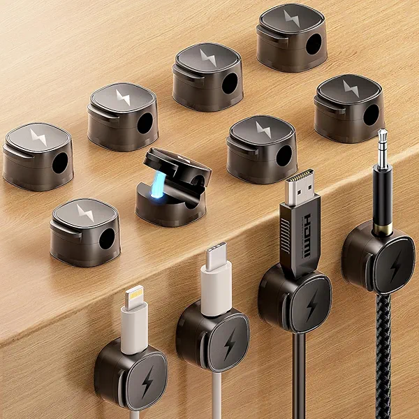 Magnetic Cable Organizer Clips, [1s Lock] 12-Pack Adjustable Cord Holders for Nightstand, Desk, Charging Cable, Tangle-Free Adhesive Wire Management for Under Desk | Smooth Adjustable | Strong Magnet