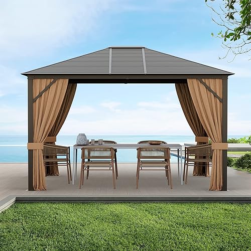 Tangkula Gazebo de techo rígido de 12 x 10 pies, cenador de doble parte superior para exteriores con parte superior de acero galvanizado, marco de