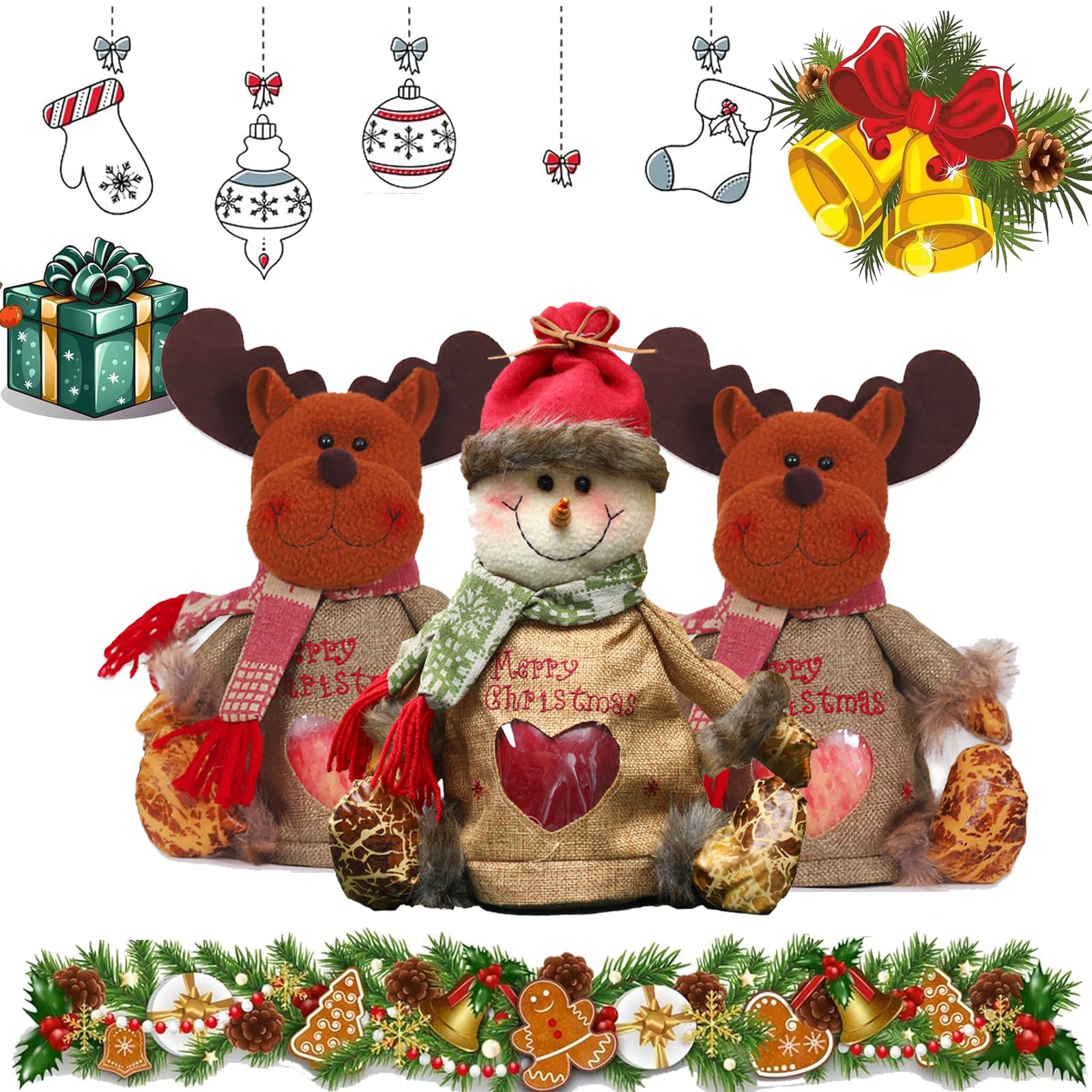 GLSAYZU Christmas Gift Bags Zipper Design, Christmas Gift Doll Bags, 3D Doll Decoration Gift Bag, Christmas Drawstring Gift bags, Christmas Candy Bags for Party and Festival (3PC-B)