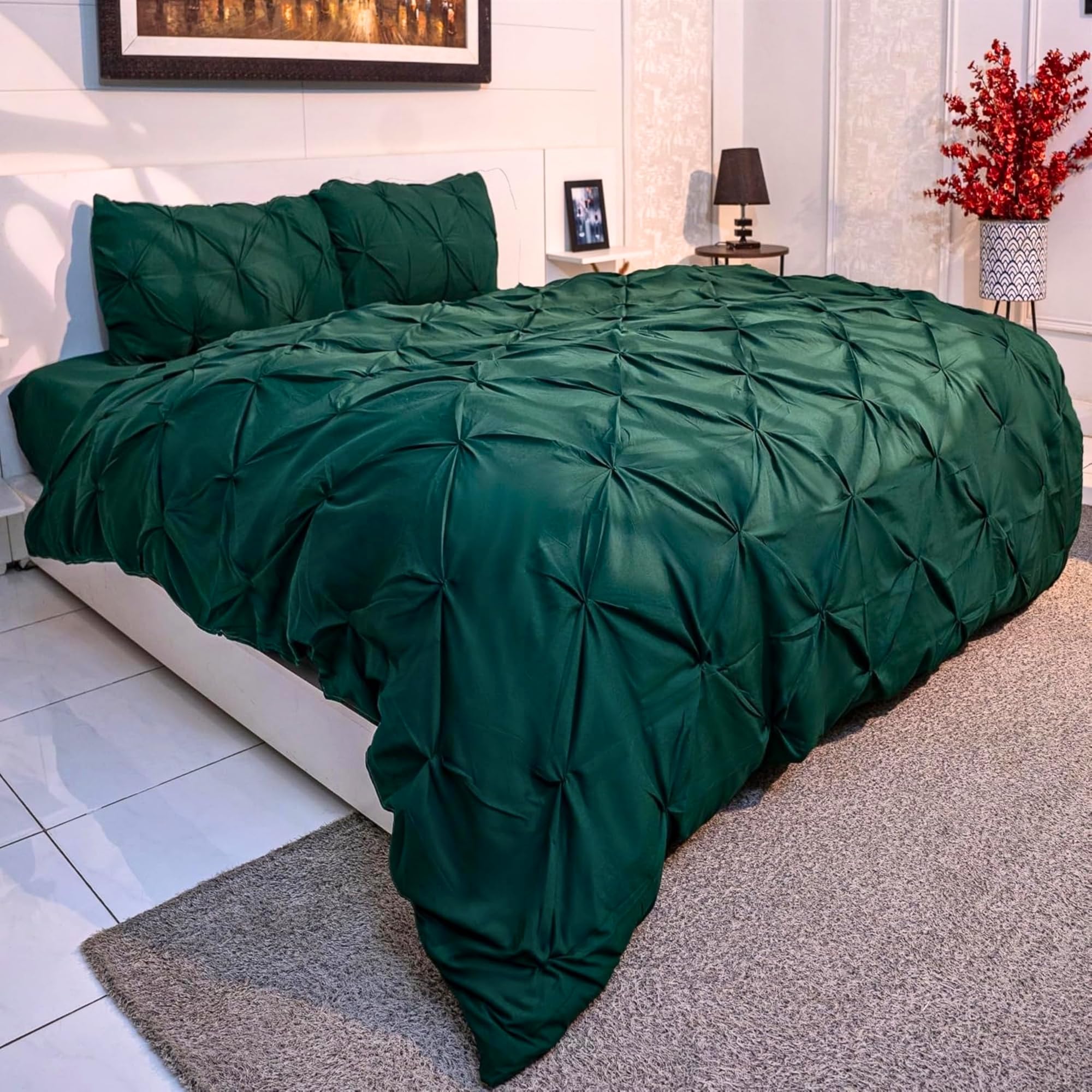 Q&H King Duvet Cover Set Pillow Pair Cases - Soft Polyester Microfiber Breathable & Washable Comforter Sets - Ultra Soft Comfy Quilt Cover Pintuck Design (Emerald Green, King 225x225cm)