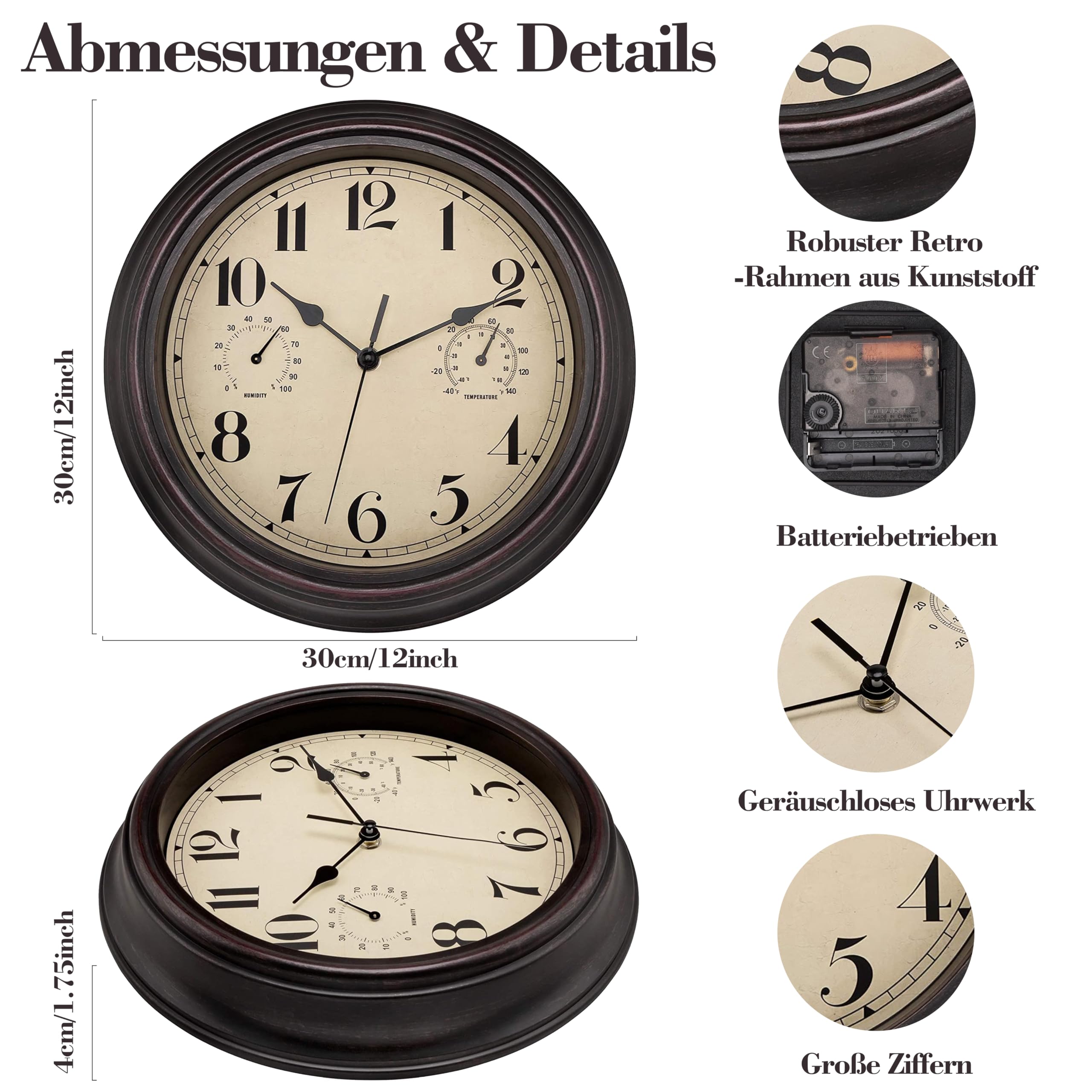 Foxtop Orologio da Parete Esterno 12 Pollici (30 cm) Vintage Impermeabile con Termometro e Igrometro - Silenzioso per Interni, Esterni, Giardino, Veranda, Cucina, Piscina