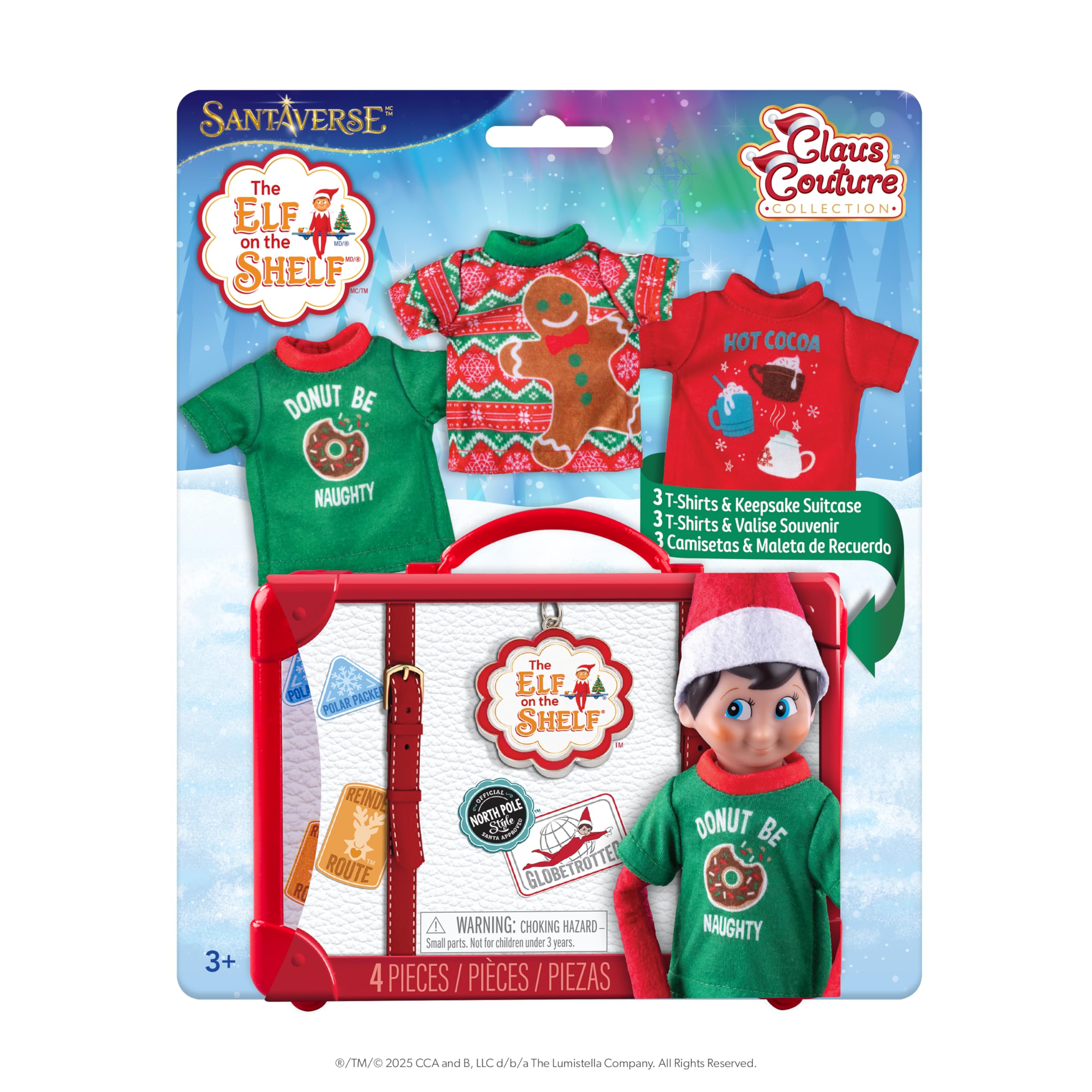 The Elf on the Shelf Claus Couture Collection - Juego de 3 Camisetas de tamaño Elfo con diseños de Pan de Jengibre, Cacao Caliente y Dona, Elfo Explorador no Incluido