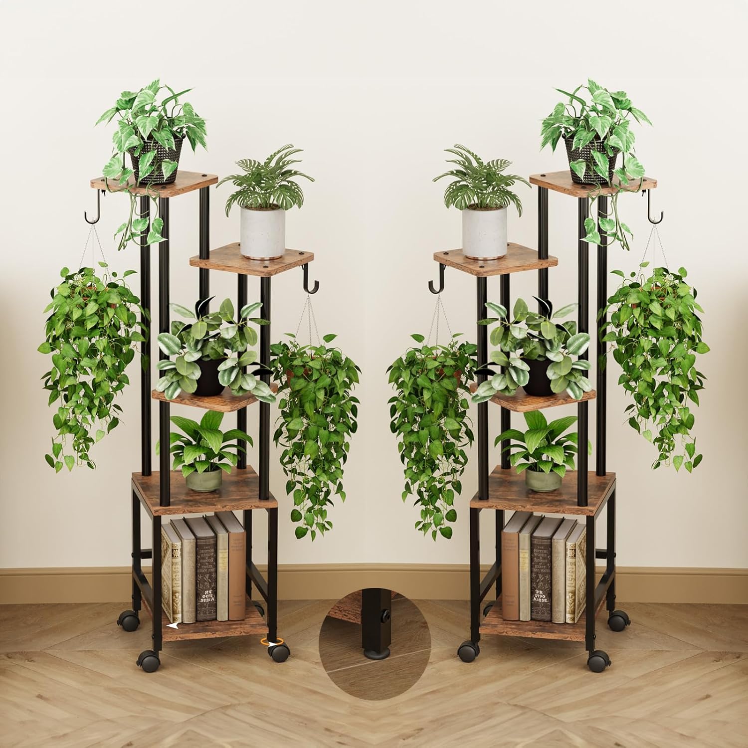 Oroonoko 2 Packs Plant Stand Indoor,5-Tiered Tall Plant Shelf with Wood Board,Multiple Pot Holder with bookshelf Ideal for Living Room,Garden,Patio(2 Packs)