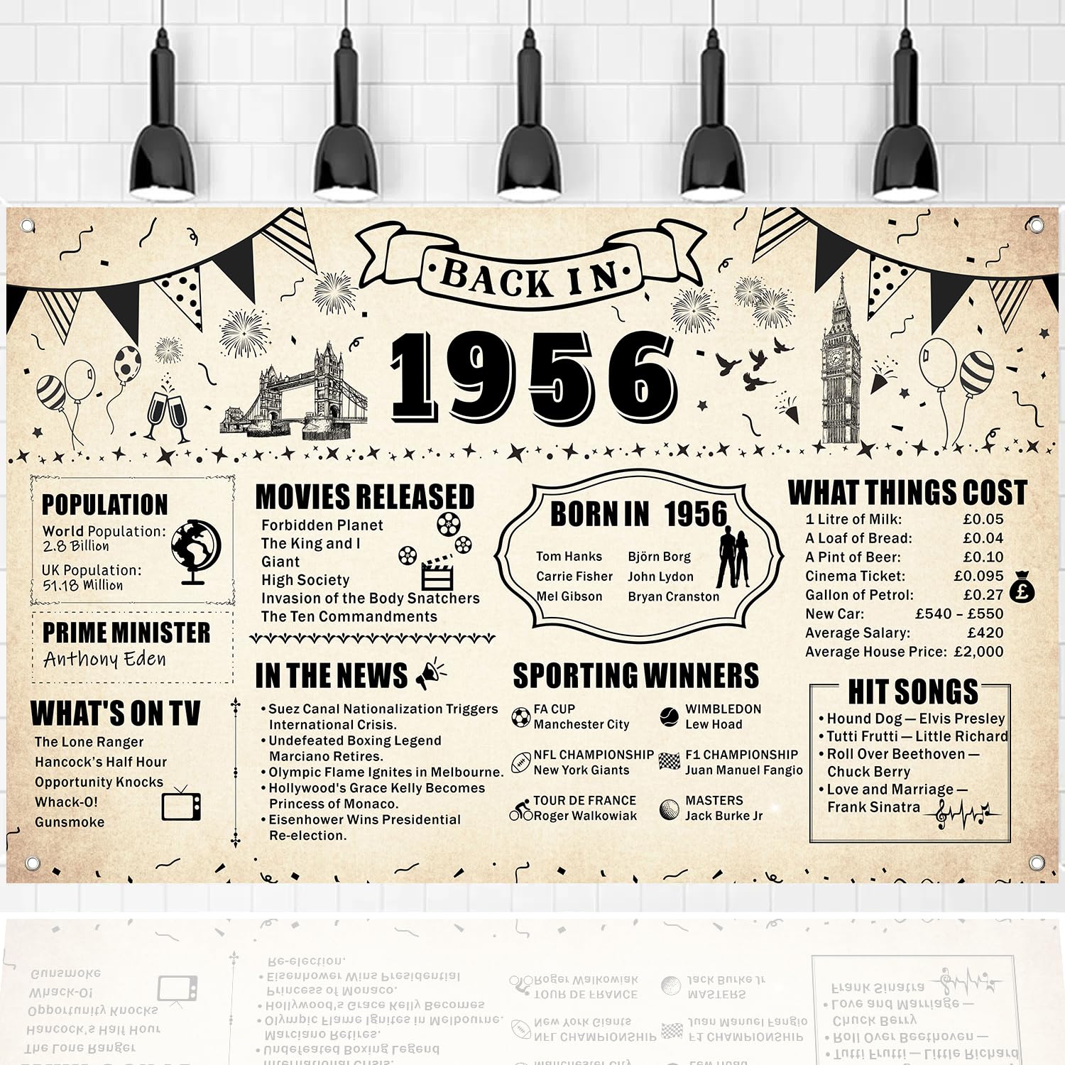 Back in 1956 Birthday Backdrop - 70th Birthday Decorations for Men & Women, Large Retro 1956 Poster Banner - 1956 History Facts Photo Props (Yellow-1956) — image 1
