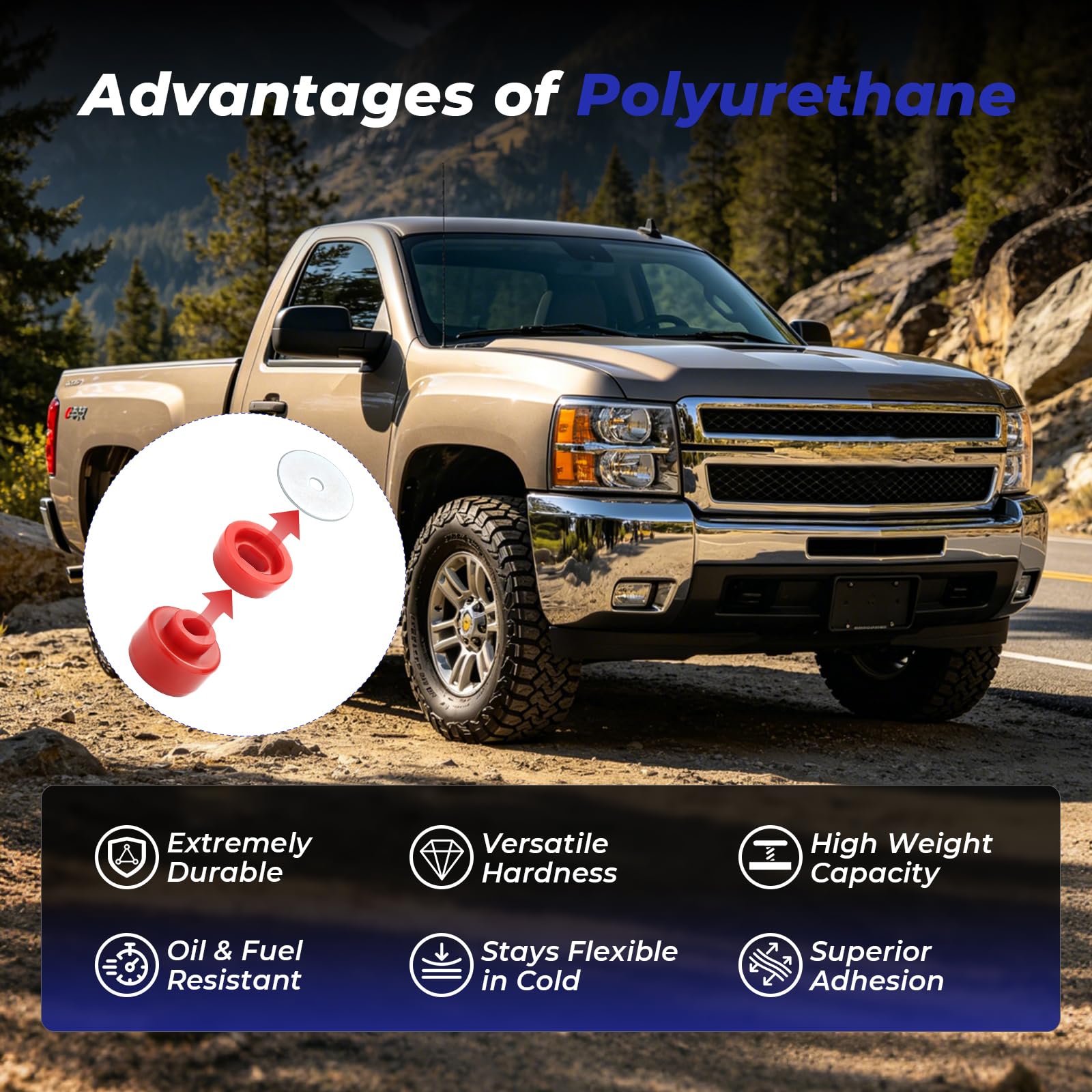 7-141 Poliuretanowy zestaw tulei montażowych do modeli Chevy Silverado i GMC Sierra 1500/2500 2WD/4WD 1999-2014 Chevy Silverado i GMC Sierra 1500/2500 2WD/4WD - zawiera podkładki (24 szt., czerwone)