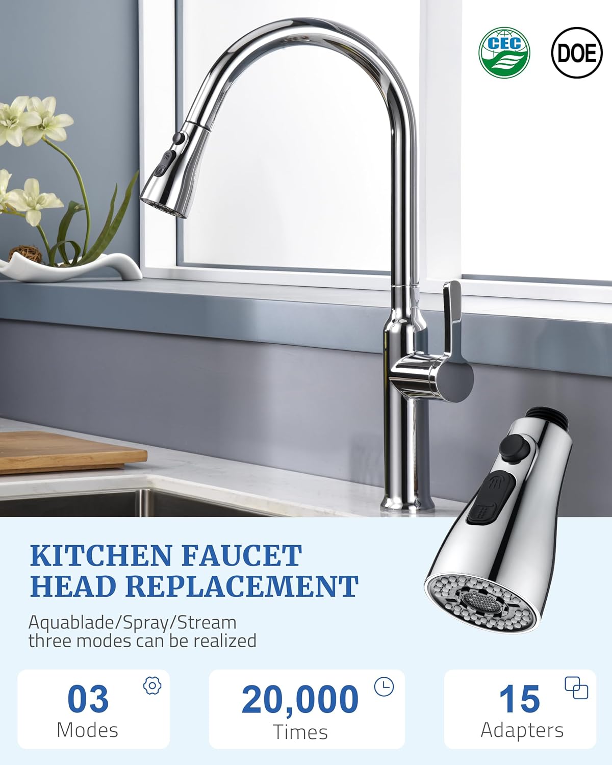 Kitchen Faucet Sprayer Head Replacement - Pull Down Faucet Spray Head with 15 Adapters, Pull Out Faucet Sprayer Nozzle, 3 Function Kitchen Tap Spray Spout Part Connector, Chrome