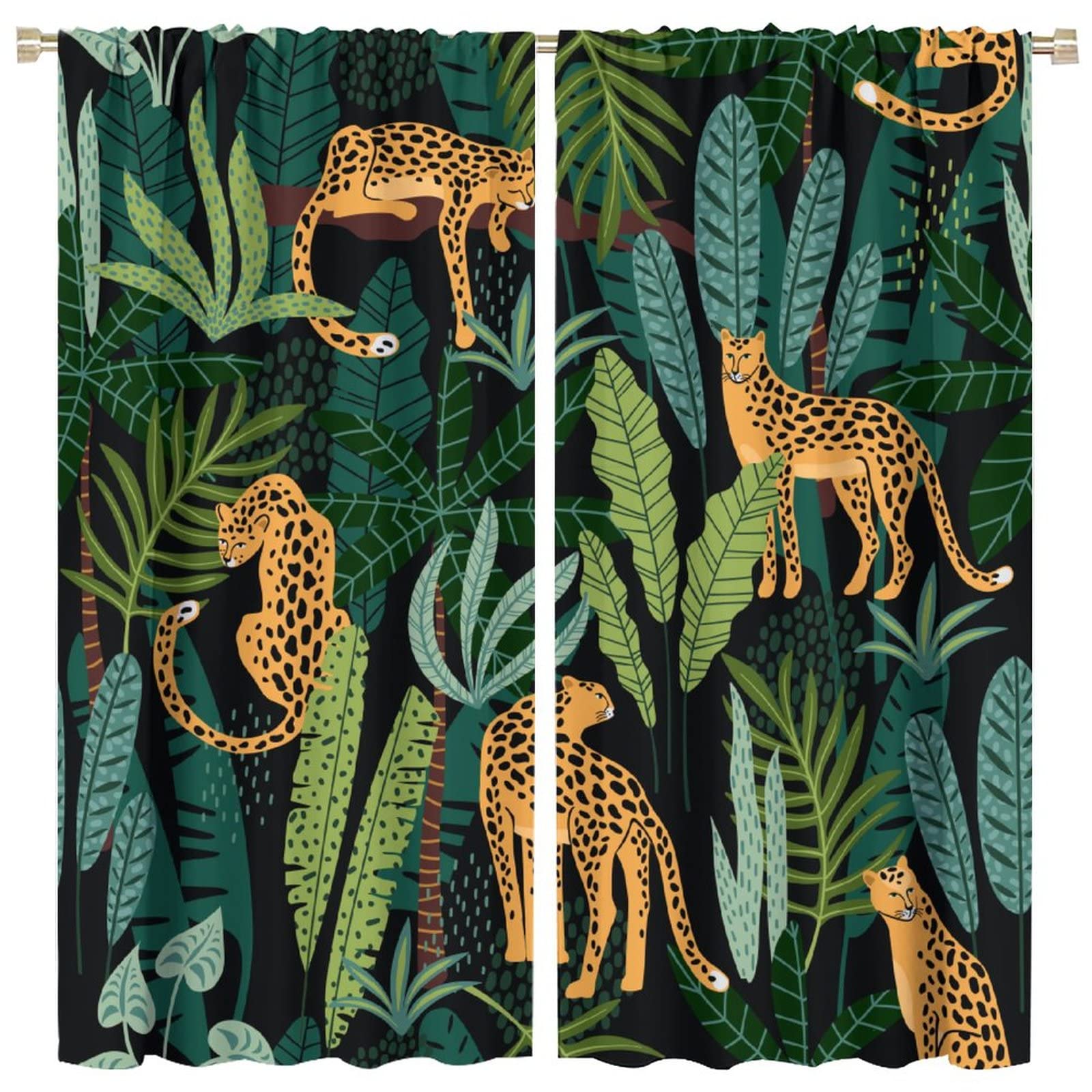 Wild Animals Curtains Tropical Tiger Leopard Green Leaves Plant Forest Art Print for Bedroom Living Room Kitchen Decor Rod Pocket Blackout Window