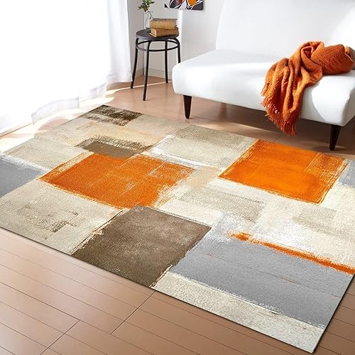 Alfombra artística de pintura al óleo para dormitorio, alfombra estampada naranja marrón gris, antideslizante, plegable, fácil de limpiar, lavable,