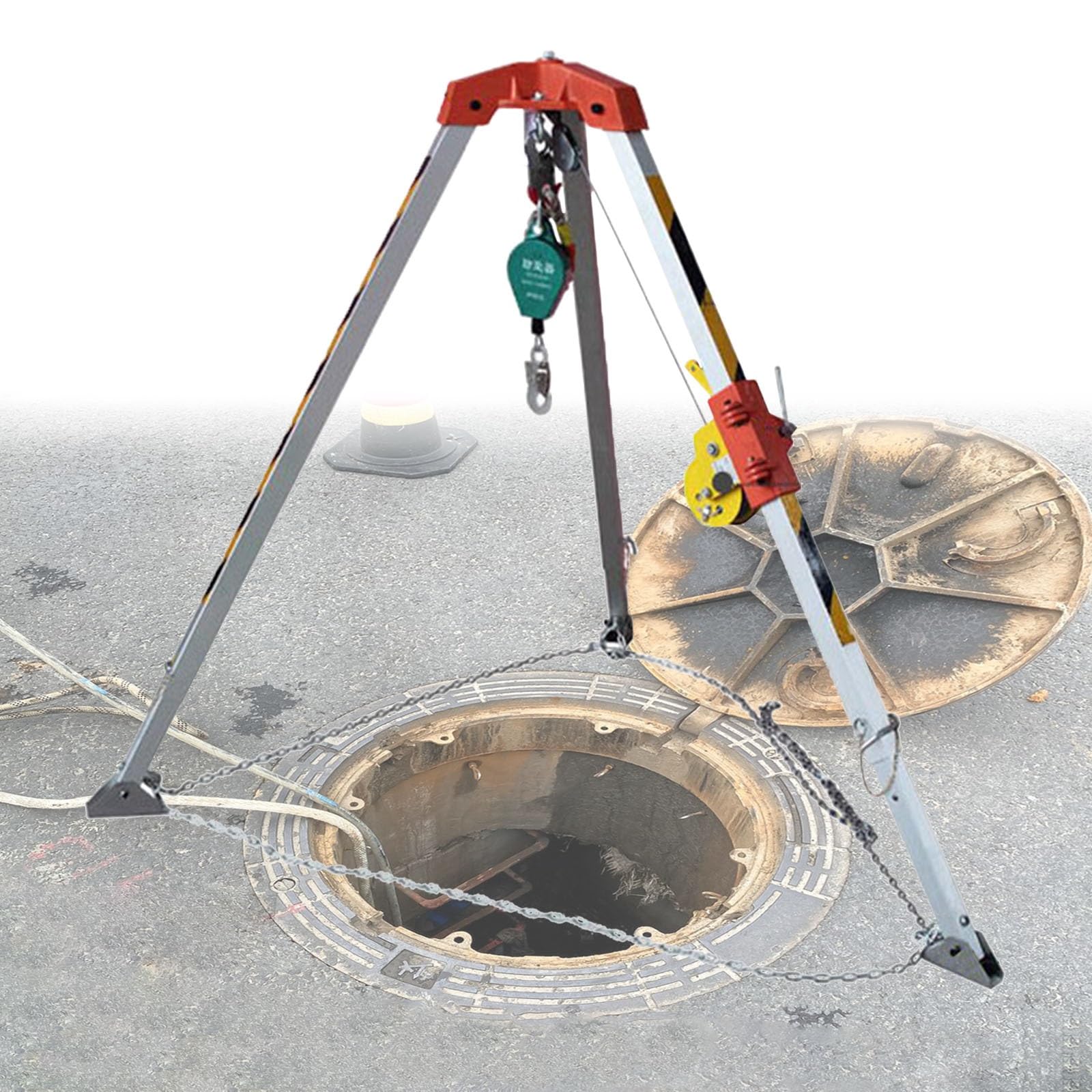 Confined Space Tripod with Rescue Winch & Fall Protector, Deep Well/Sewer/Access Manhole Rescue Tripod Kit, Flexible Aluminum Life Saving Tool(1800LBS Tripod kit)