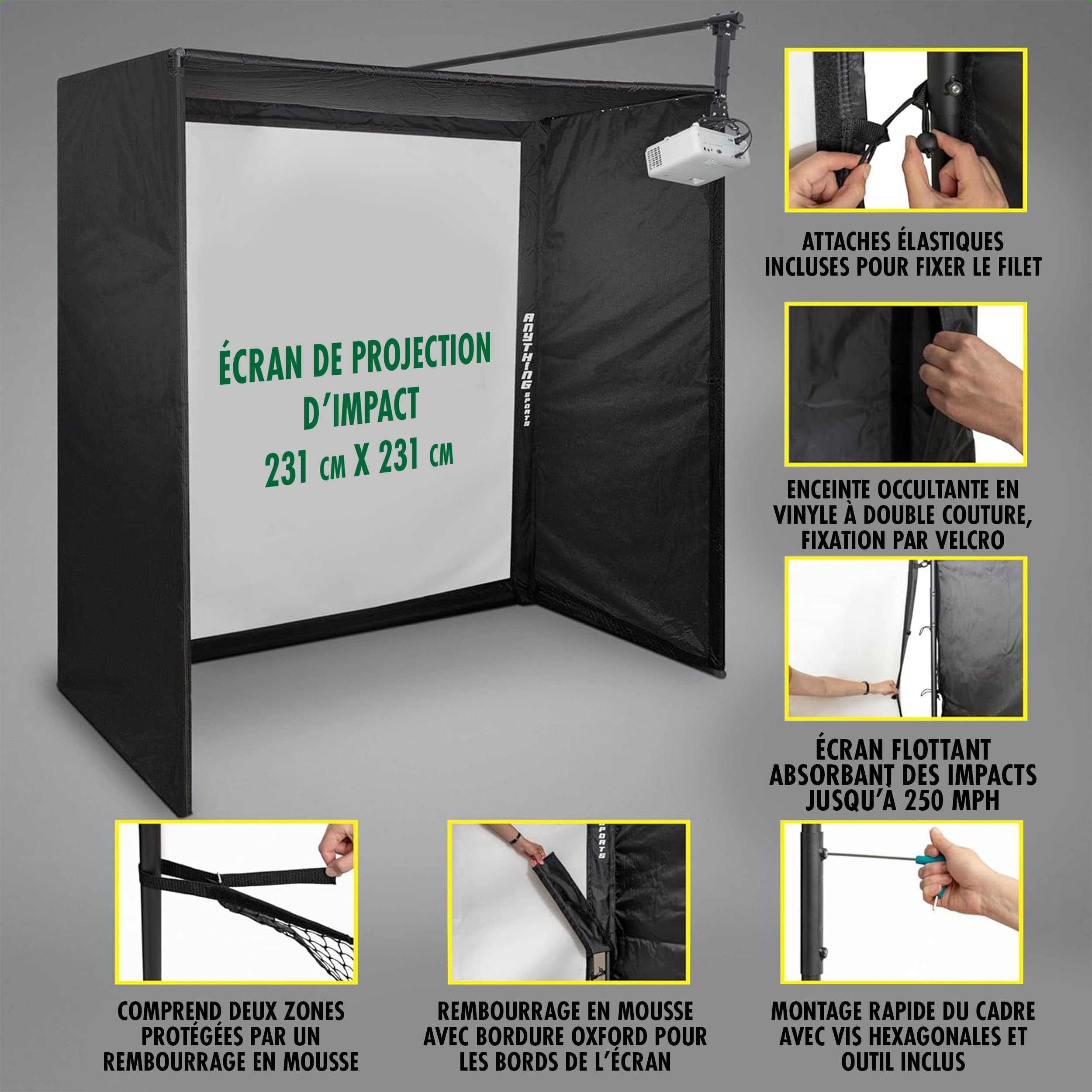 Anything Sports - Boîtier De Simulateur De Golf avec ÉCran D'impact 4k Et Filet De Protection - Cage D'entraînement Intérieure Complète - Structure en Métal