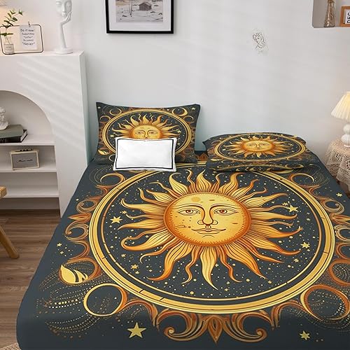 Miniatura 2 de Sun Celestial Sábanas tamaño California King, sábanas estéticas, sábanas y fundas de almohada estampadas de 4 piezas, sábana bajera ajustable de